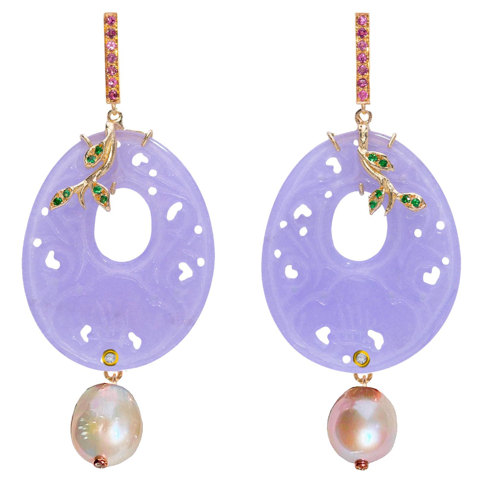 Rossella Ugolini 18K Gold Pink Sapphire White Diamonds Baroque Dangle Earrings