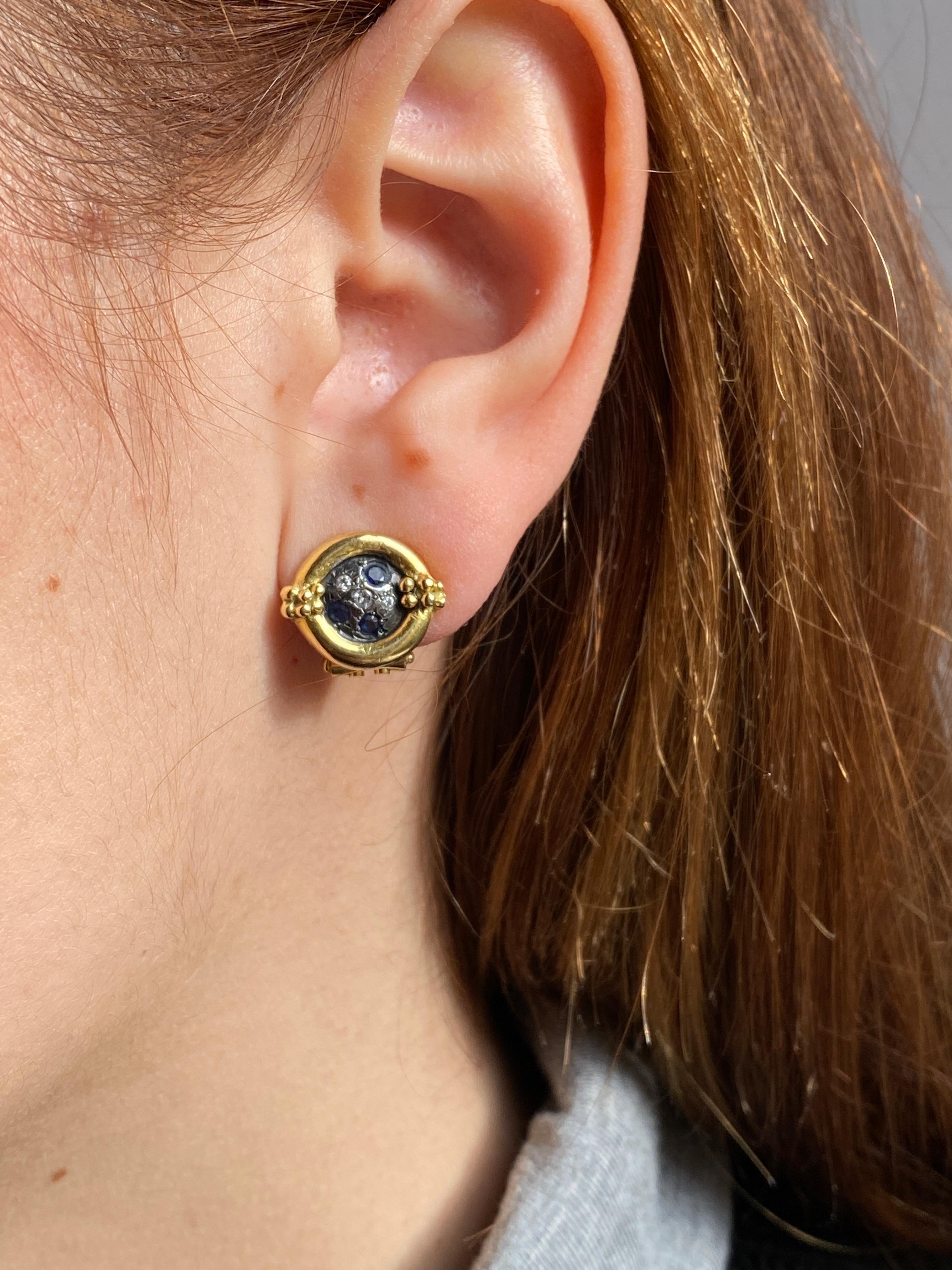 Brilliant Cut Rossella Ugolini 18K Gold Sapphires Diamonds Stud Clip-On Earrings For Sale