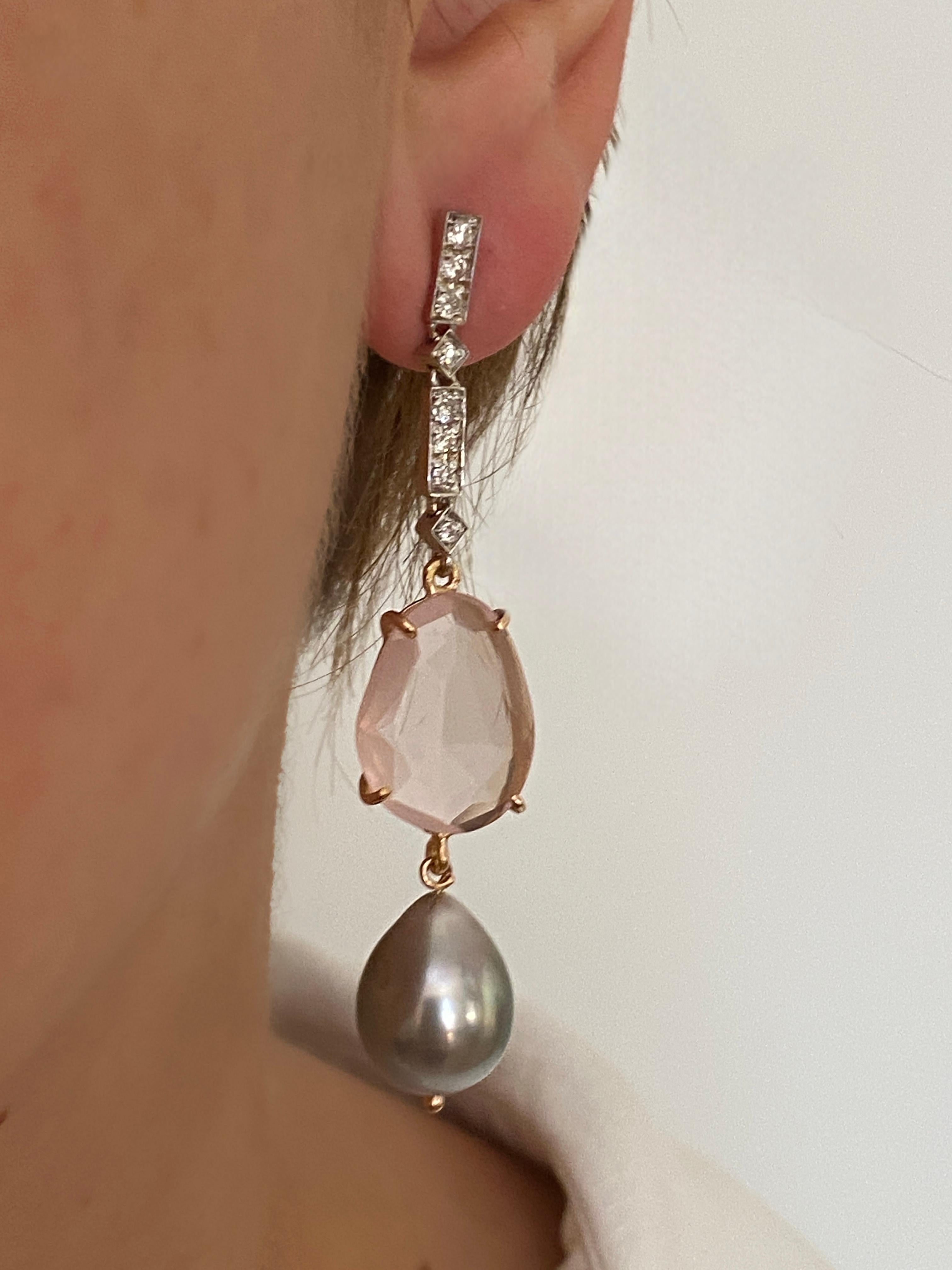 Rossella Ugolini 18k Gold White Diamonds Rose Quartz Baroque Dangle Earrings For Sale 4