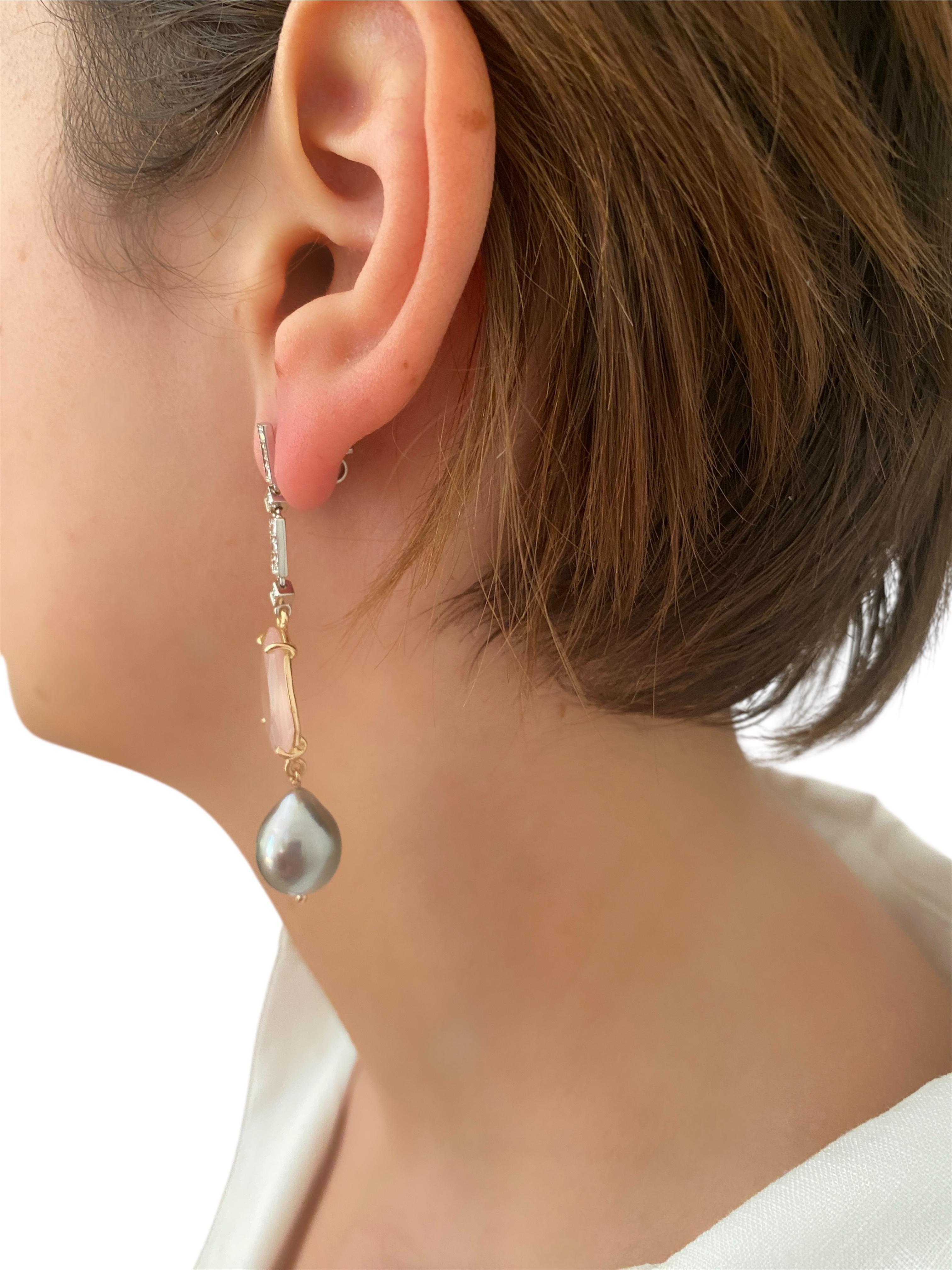 Rossella Ugolini 18k Gold White Diamonds Rose Quartz Baroque Dangle Earrings For Sale 5