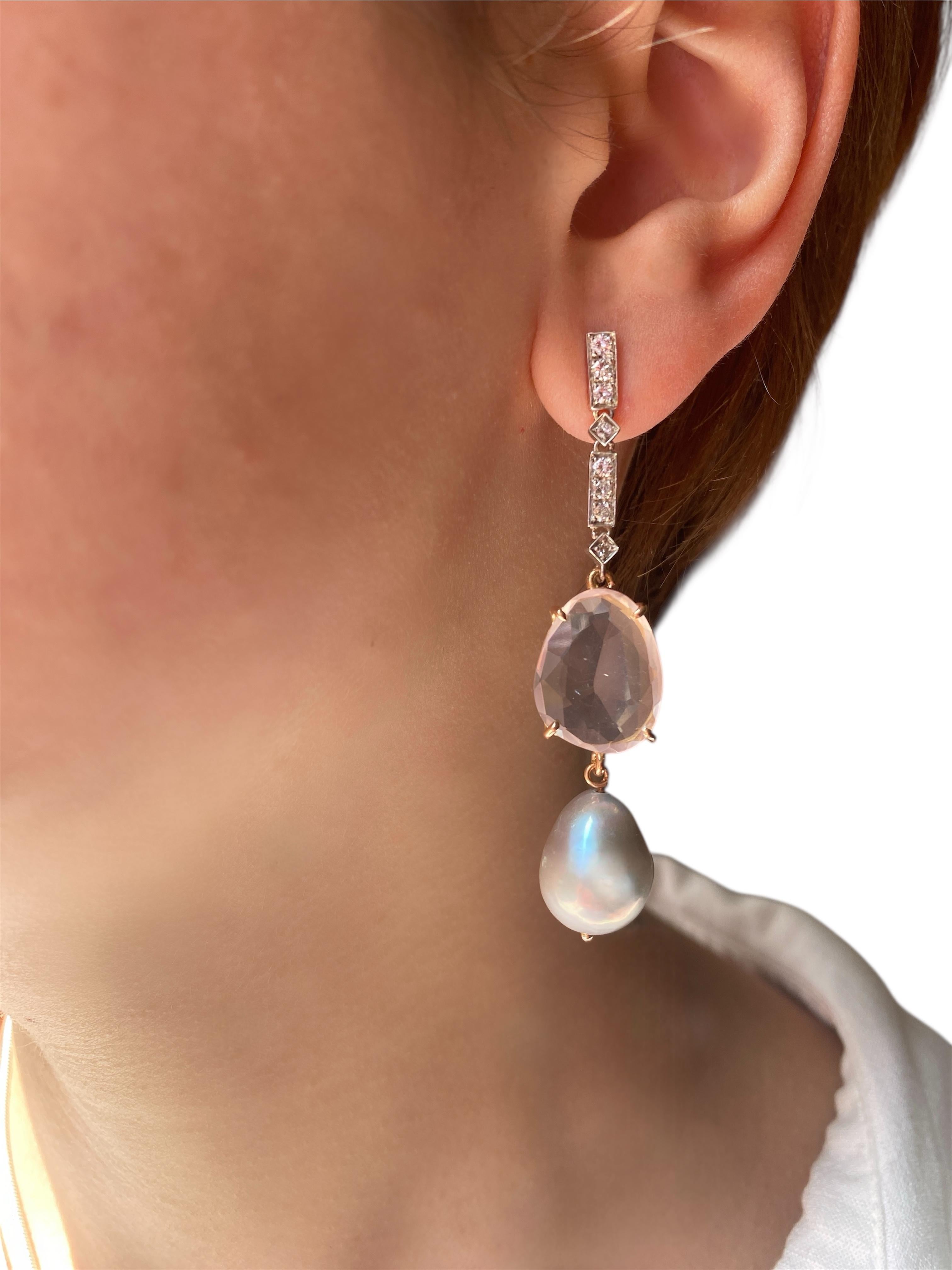Rossella Ugolini 18k Gold White Diamonds Rose Quartz Baroque Dangle Earrings For Sale 6