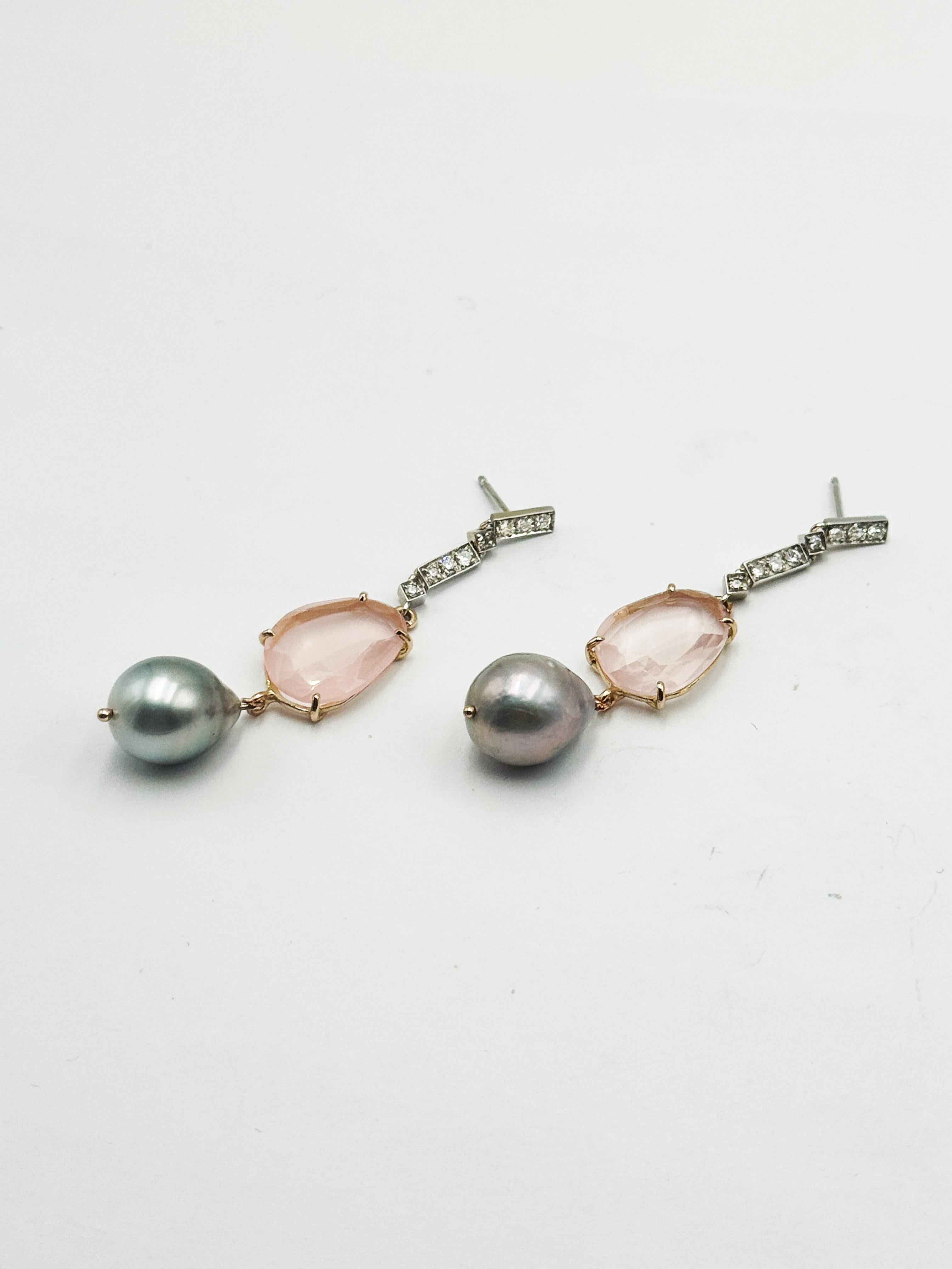 Rossella Ugolini 18k Gold White Diamonds Rose Quartz Baroque Dangle Earrings For Sale 7
