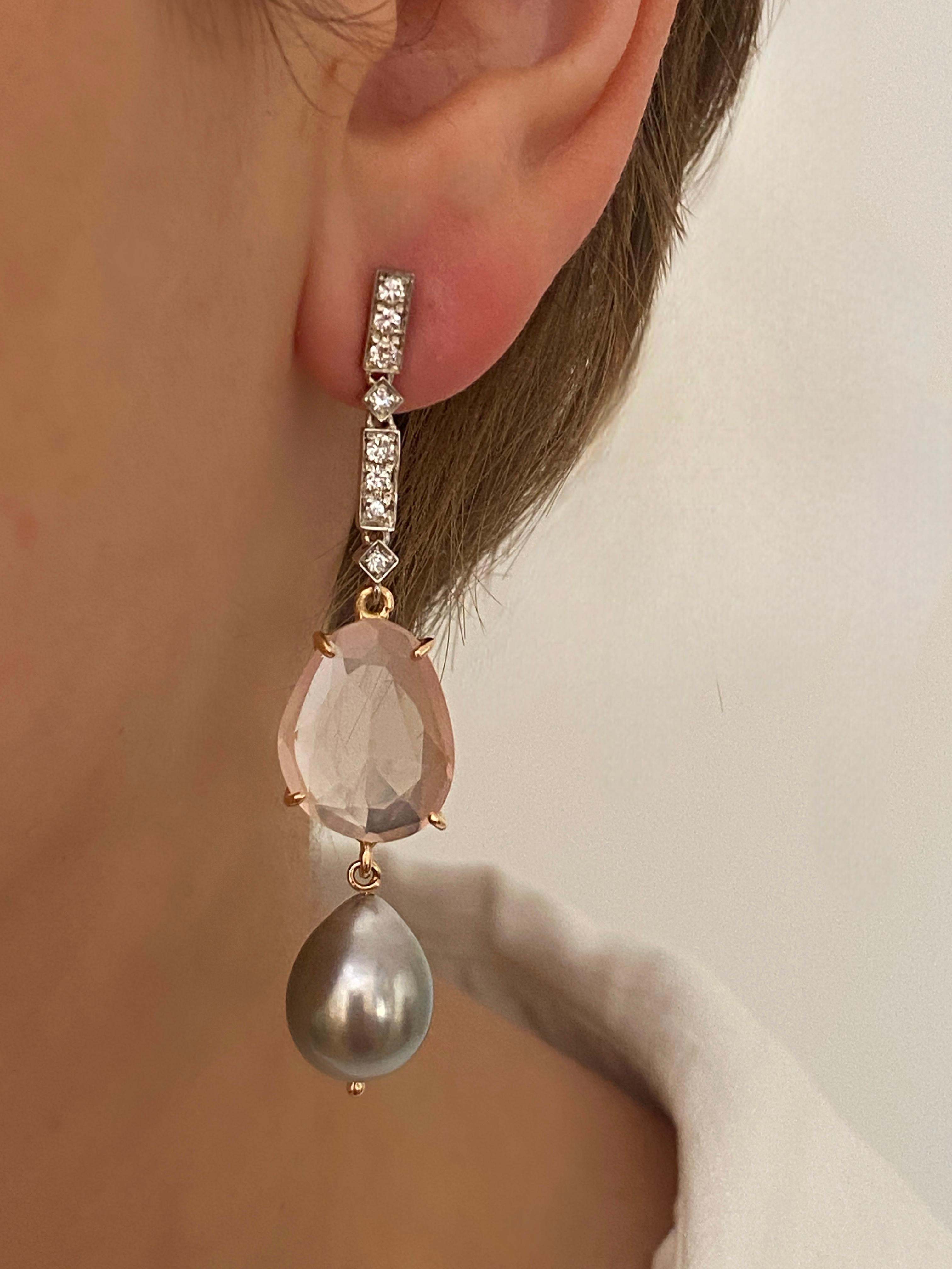 Rossella Ugolini 18k Gold White Diamonds Rose Quartz Baroque Dangle Earrings For Sale 9