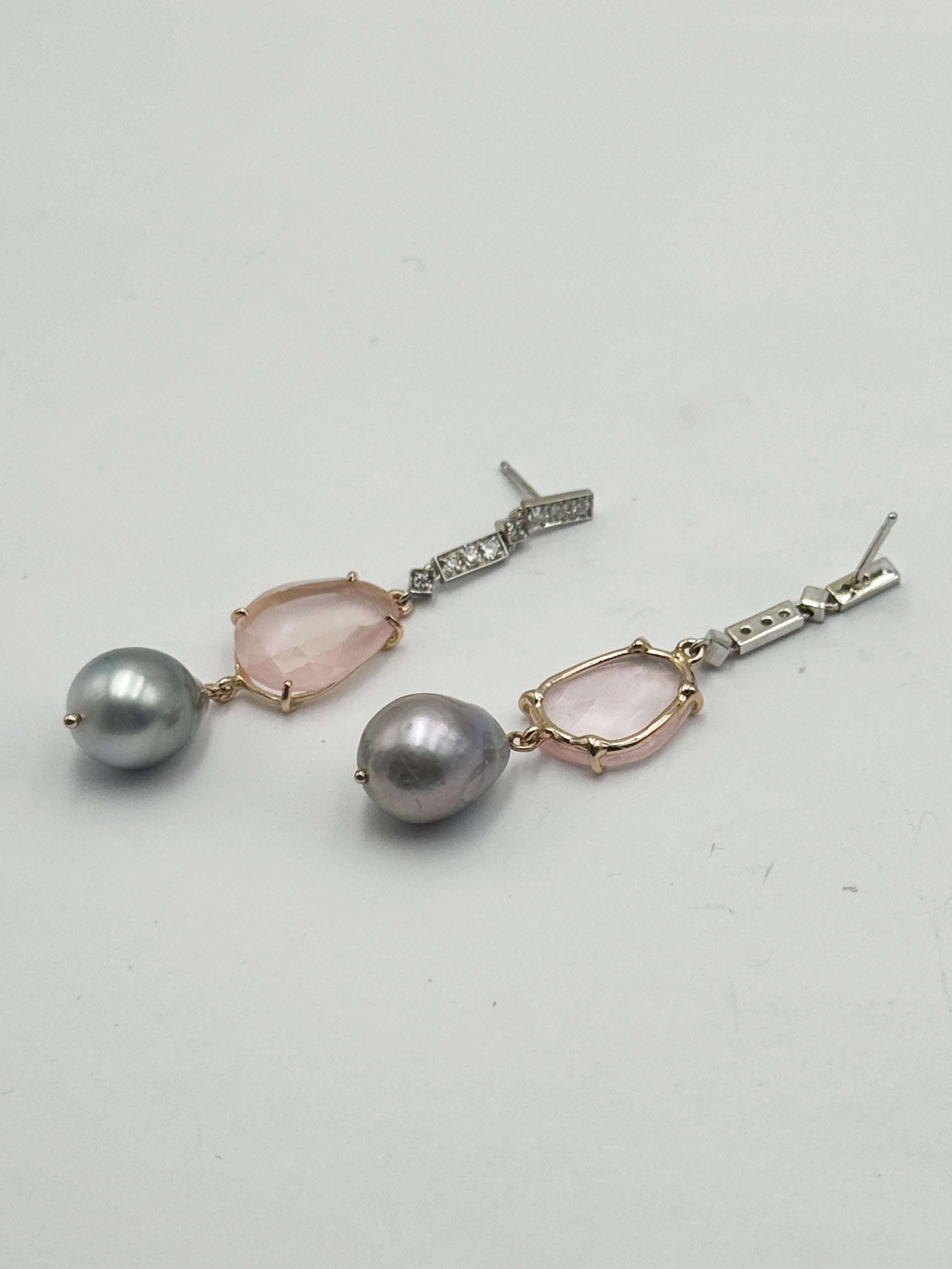 Rossella Ugolini 18k Gold White Diamonds Rose Quartz Baroque Dangle Earrings For Sale 10