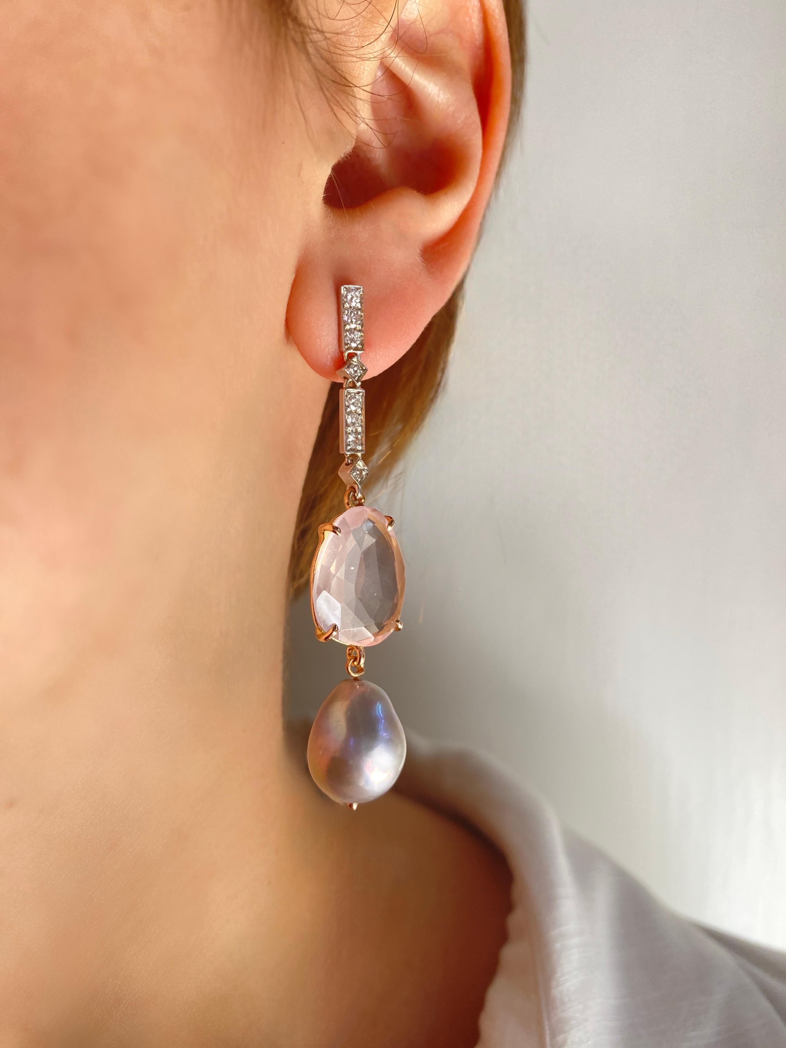 Romantic Rossella Ugolini 18k Gold White Diamonds Rose Quartz Baroque Dangle Earrings For Sale