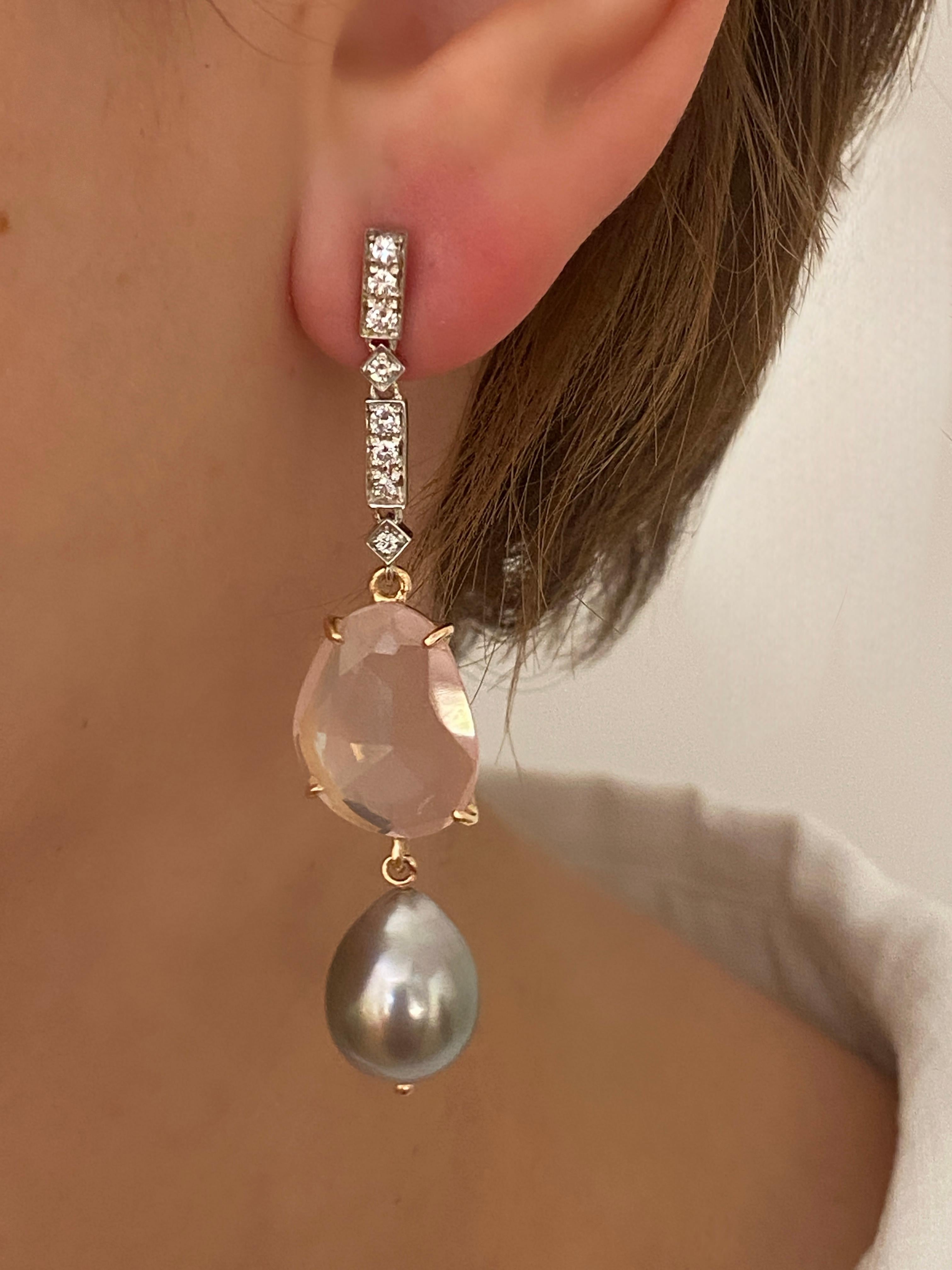 Brilliant Cut Rossella Ugolini 18k Gold White Diamonds Rose Quartz Baroque Dangle Earrings For Sale