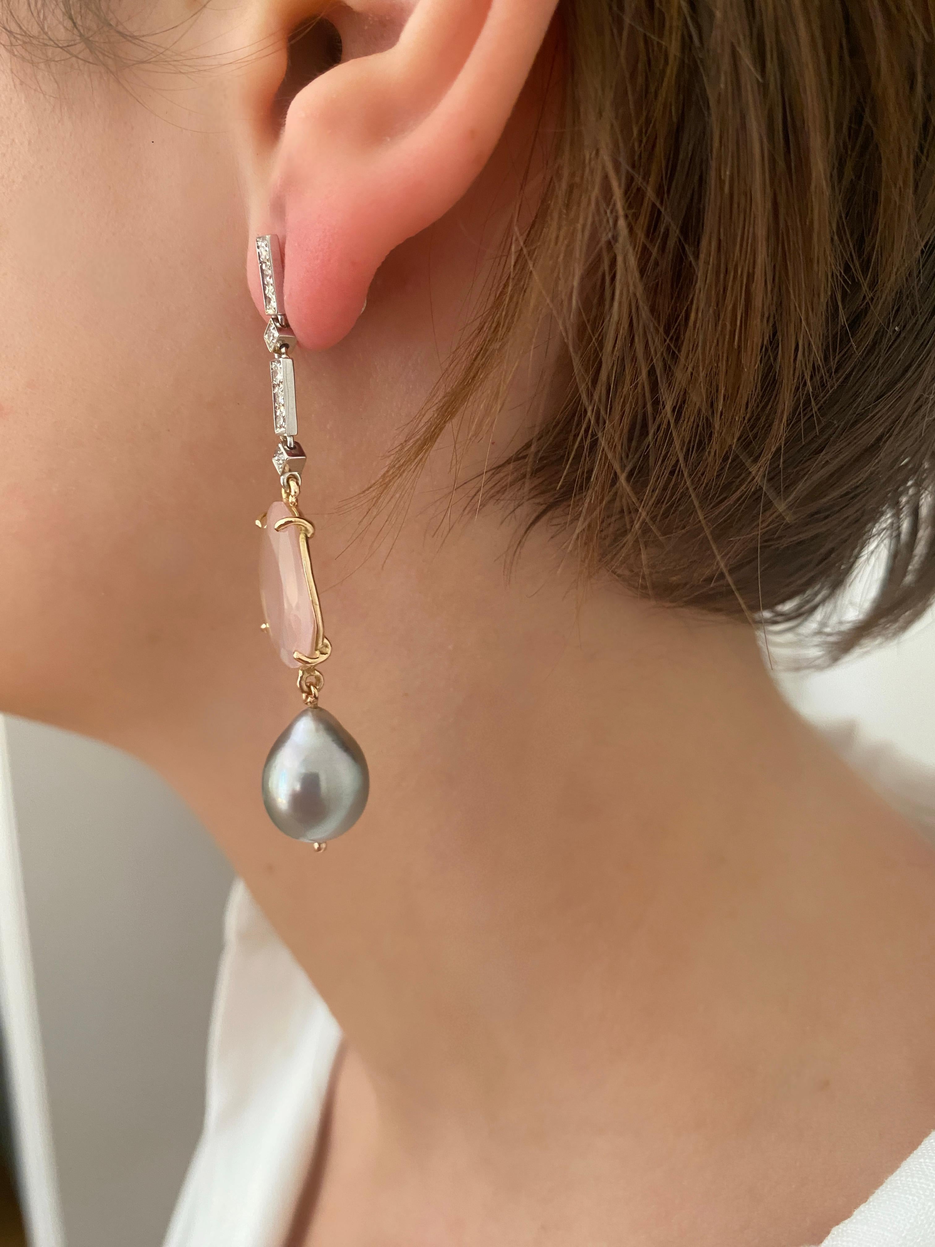 Rossella Ugolini 18k Gold White Diamonds Rose Quartz Baroque Dangle Earrings For Sale 1