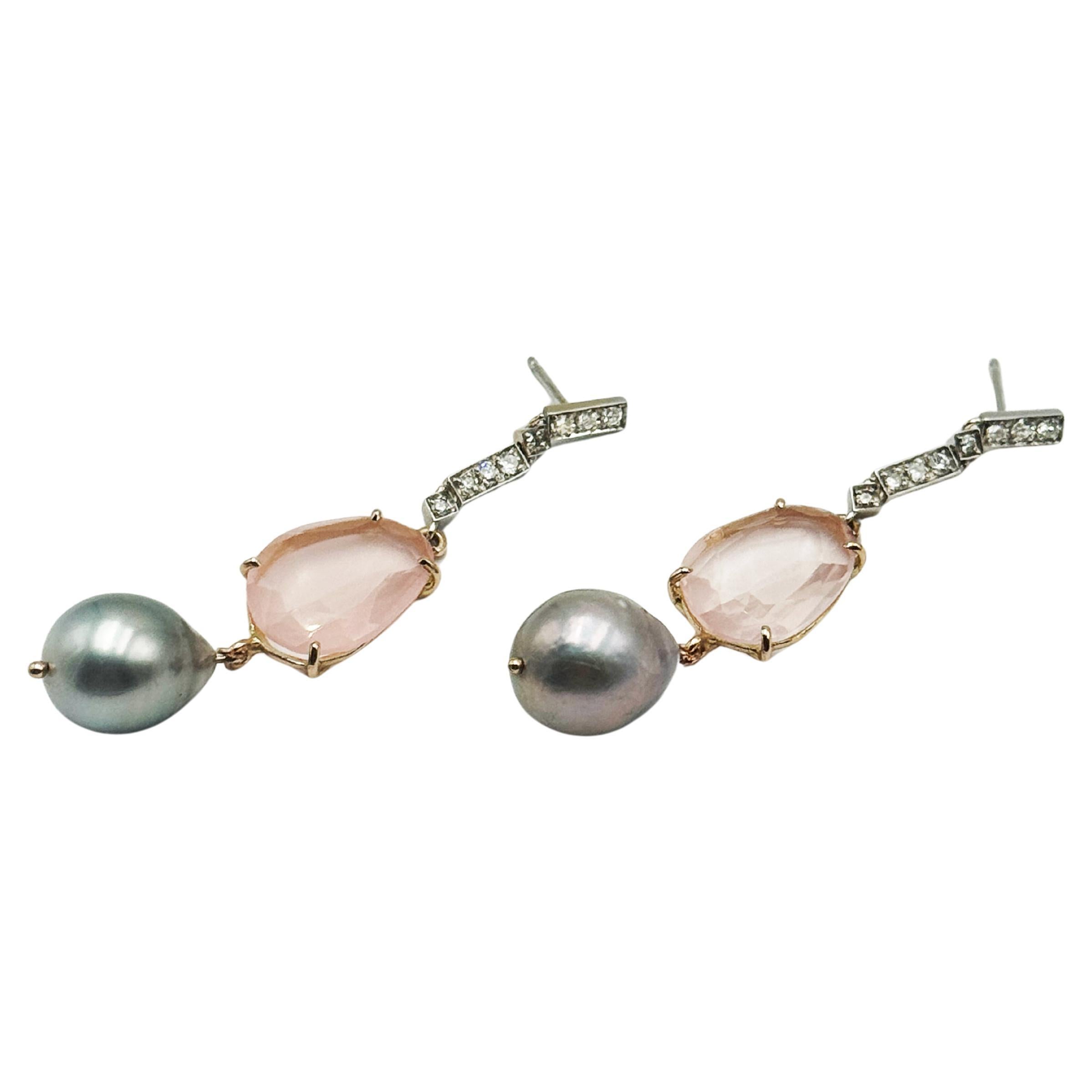 Rossella Ugolini 18k Gold White Diamonds Rose Quartz Baroque Dangle Earrings For Sale 2