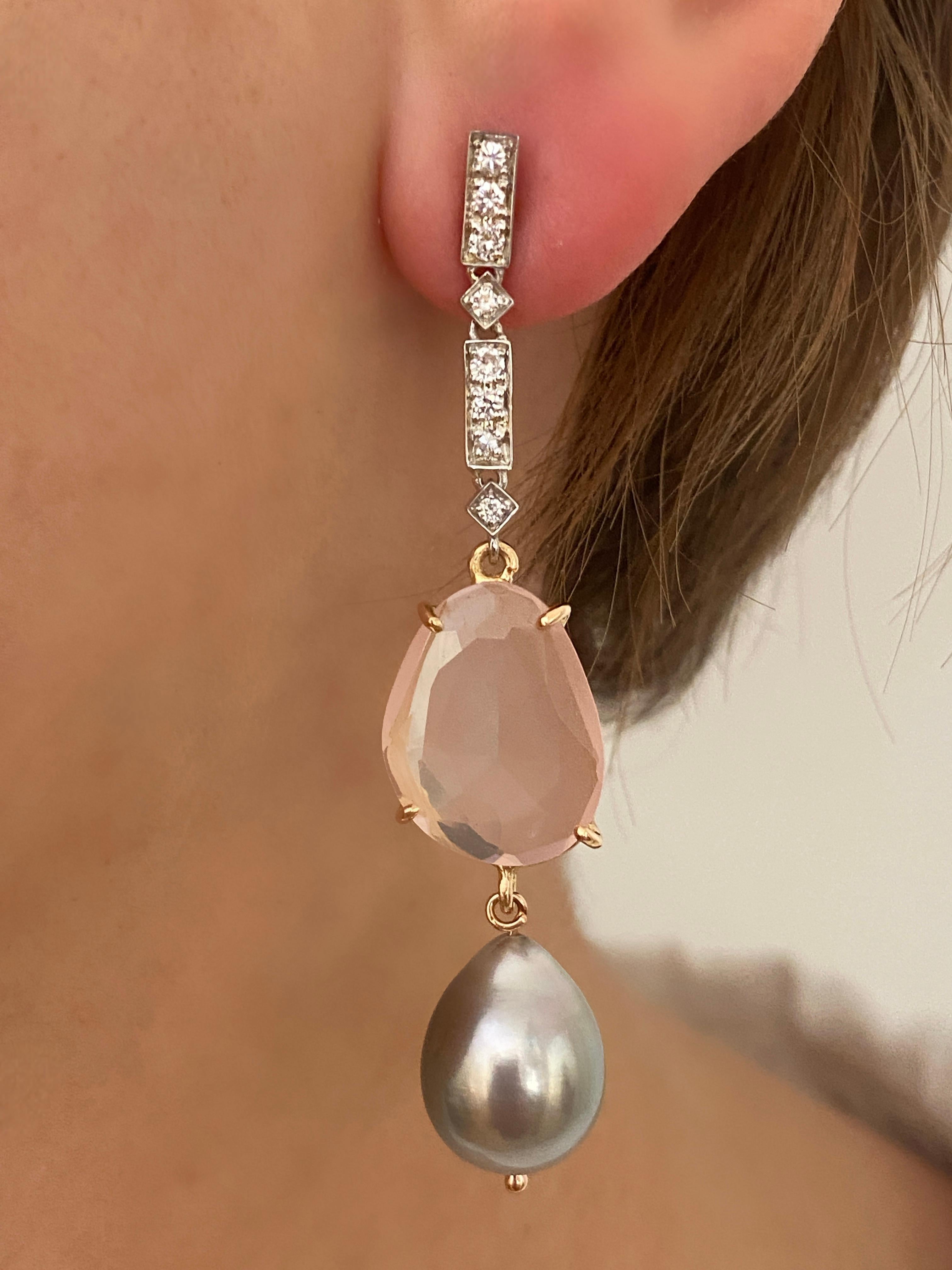 Rossella Ugolini 18k Gold White Diamonds Rose Quartz Baroque Dangle Earrings For Sale 3