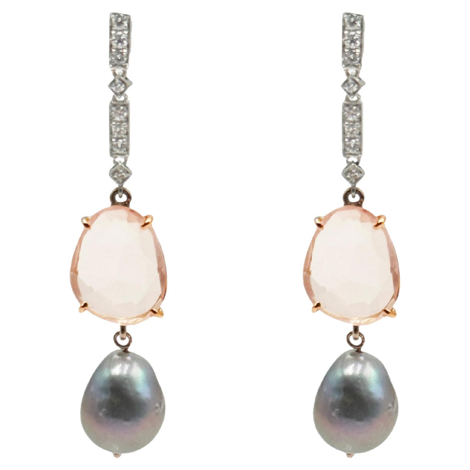Rossella Ugolini 18k Gold White Diamonds Rose Quartz Baroque Dangle Earrings For Sale
