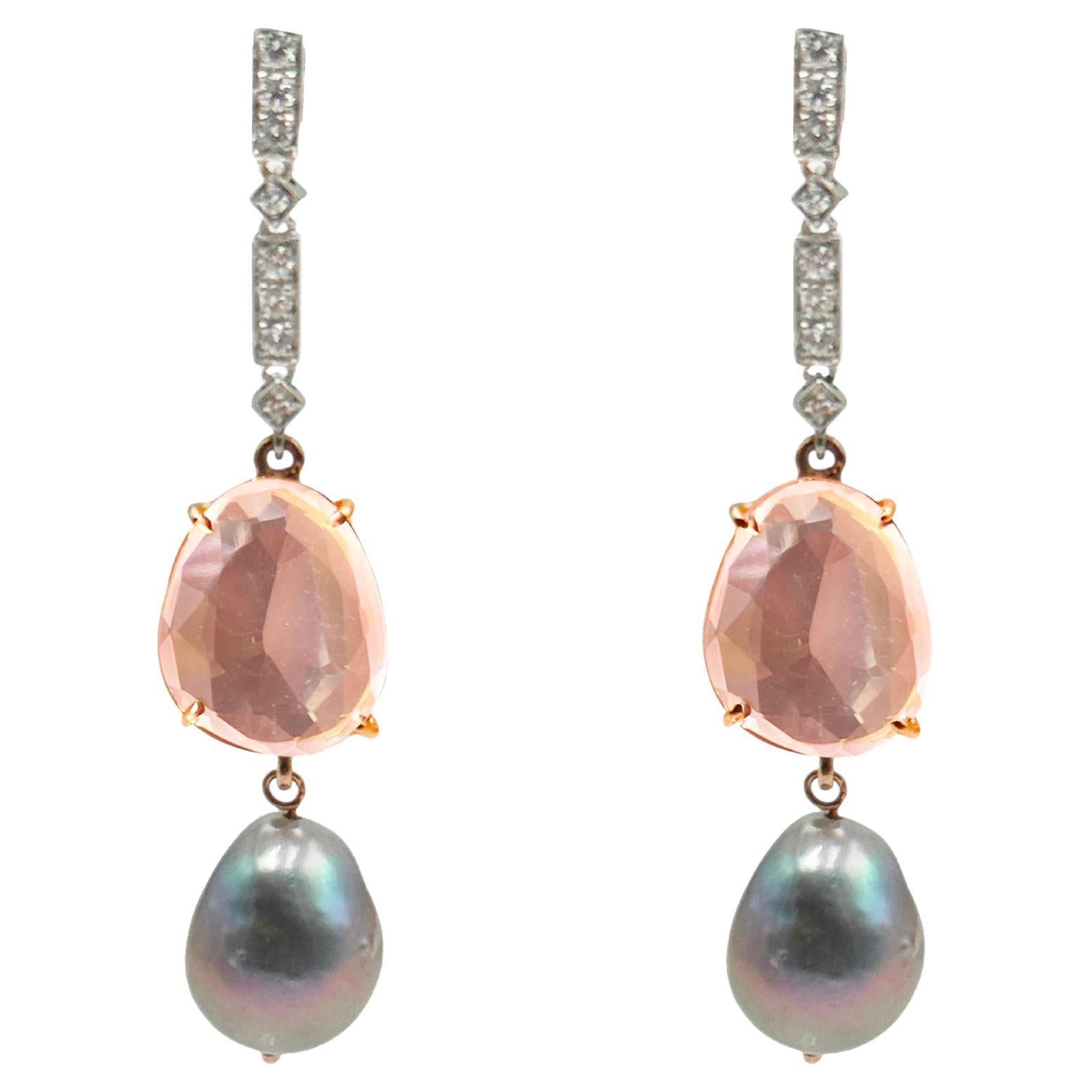 Rossella Ugolini 18k Gold White Diamonds Rose Quartz Baroque Dangle Earrings For Sale