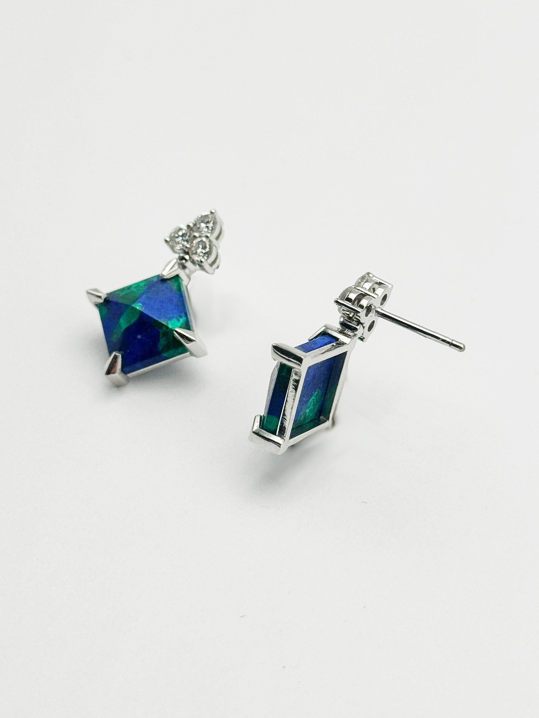 Rossella Ugolini 18k White Gold White Diamonds Lapis Lazuli Malachite Earrings en venta 6