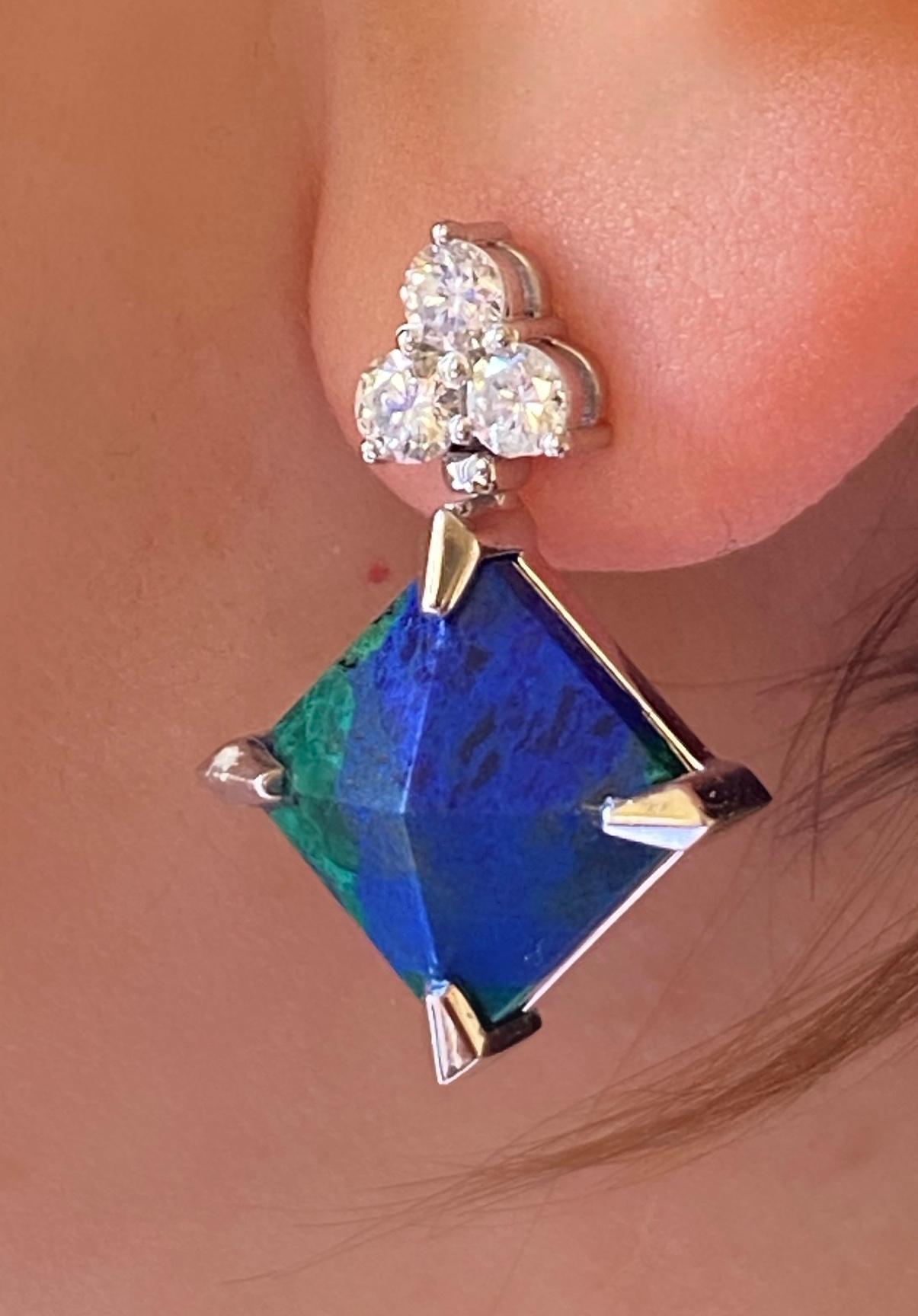 Rossella Ugolini 18k White Gold White Diamonds Lapis Lazuli Malachite Earrings en venta 7