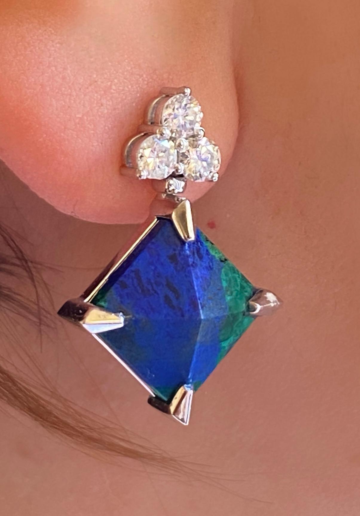 Rossella Ugolini 18k White Gold White Diamonds Lapis Lazuli Malachite Earrings Corte brillante en venta