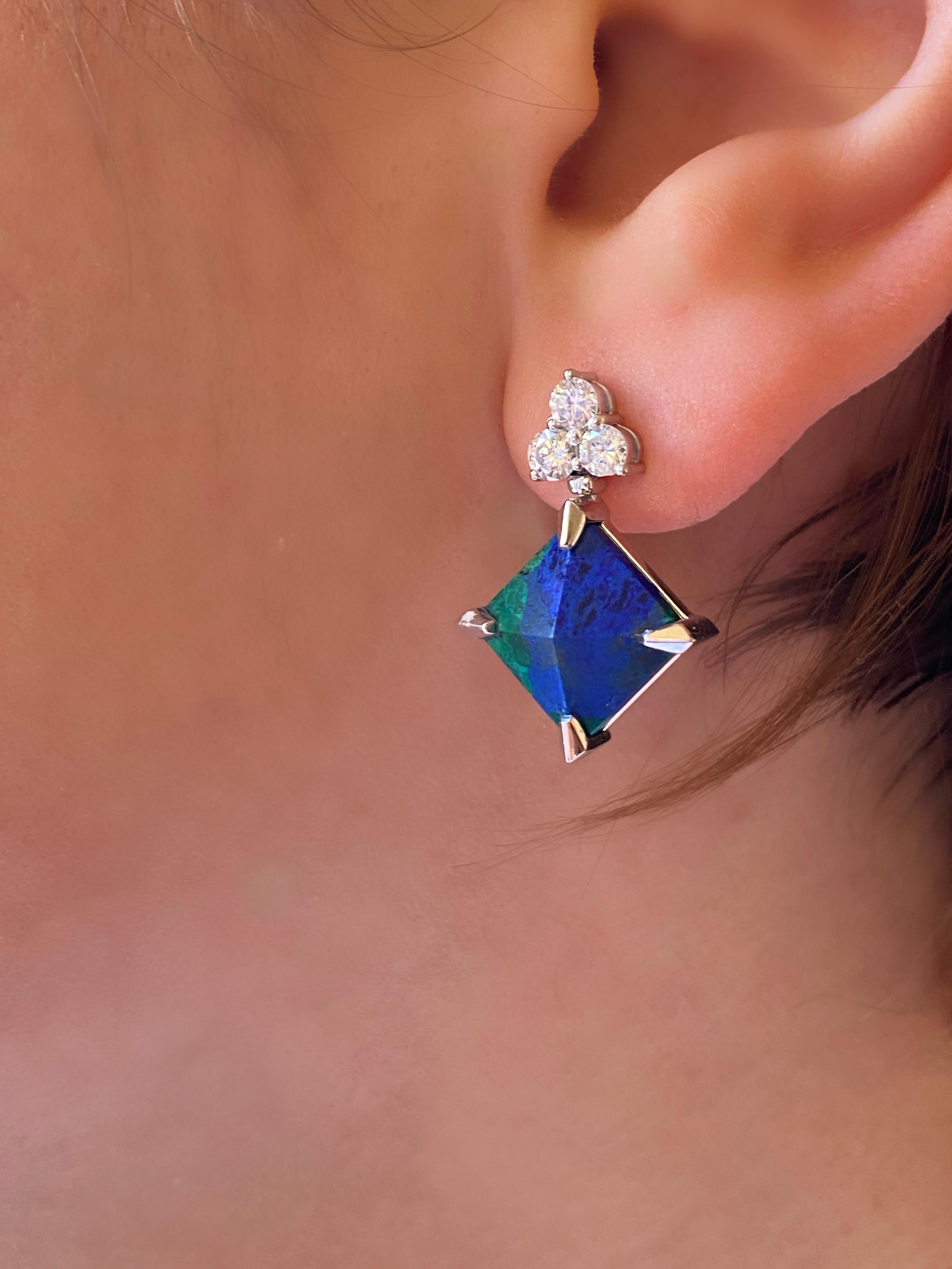 Rossella Ugolini 18k White Gold White Diamonds Lapis Lazuli Malachite Earrings en venta 2