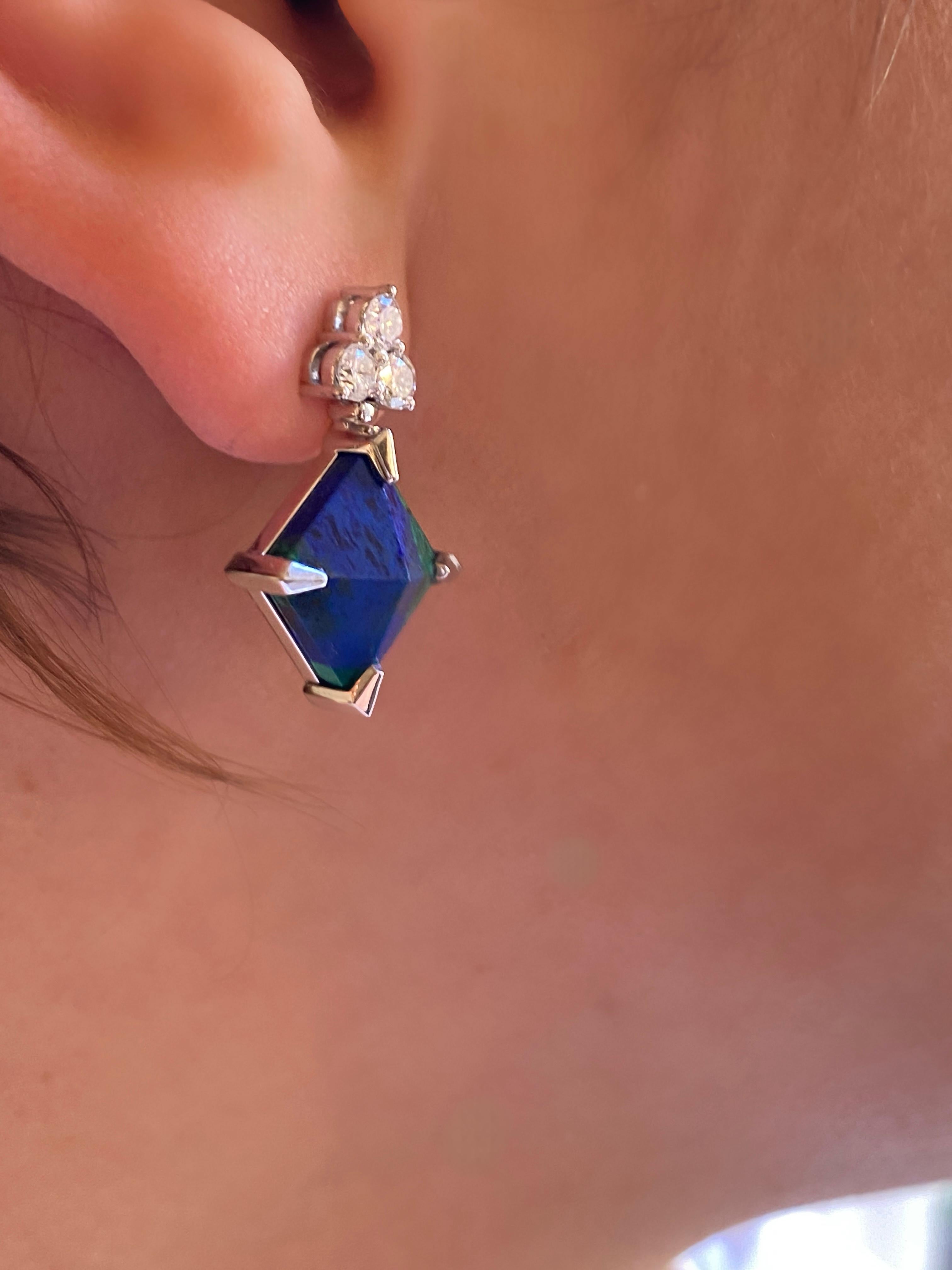 Rossella Ugolini 18k White Gold White Diamonds Lapis Lazuli Malachite Earrings en venta 3