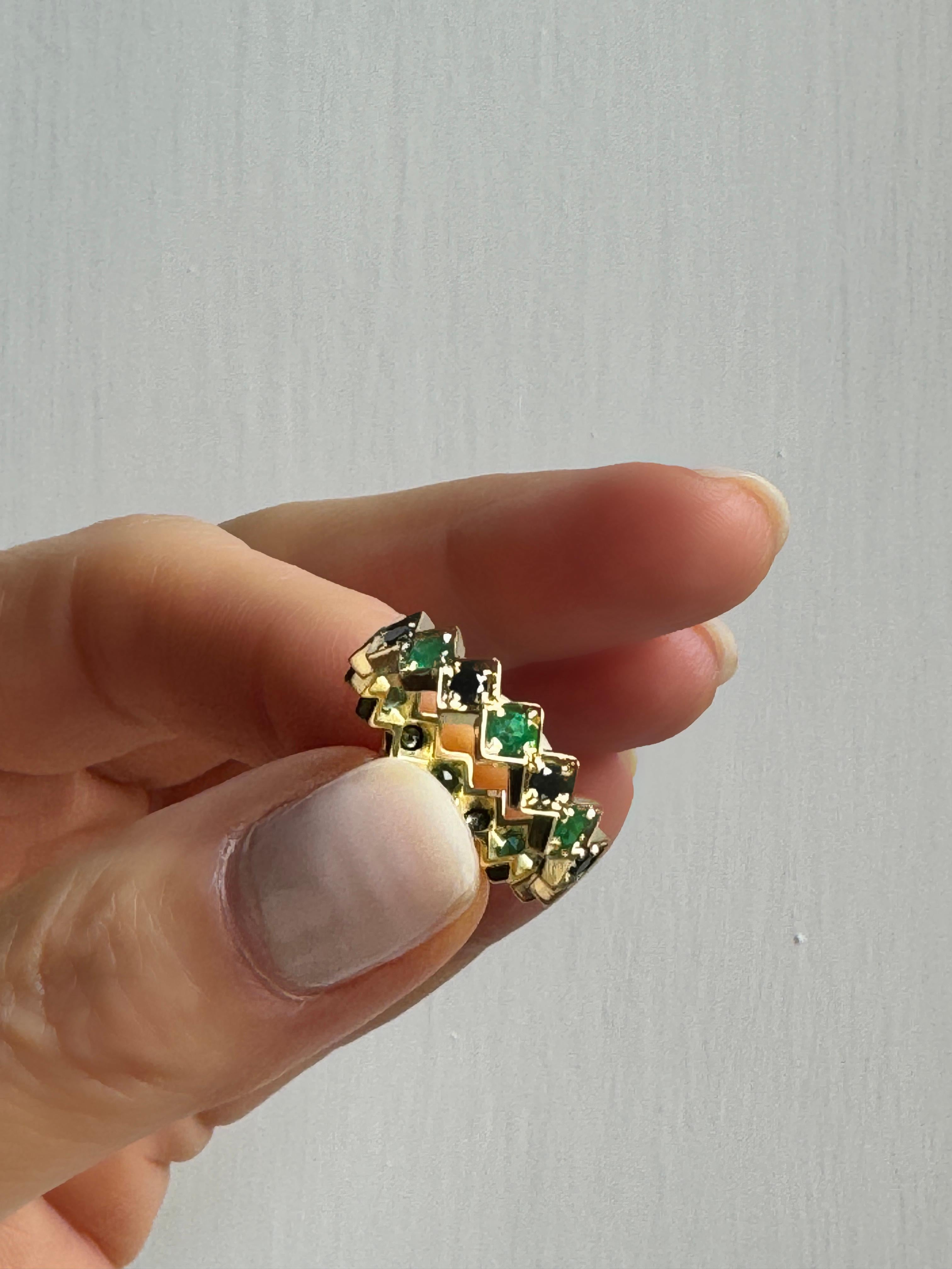 Rossella Ugolini 18k Yellow Gold 0.55 Carat Emeralds Black Diamonds Band Ring For Sale 4
