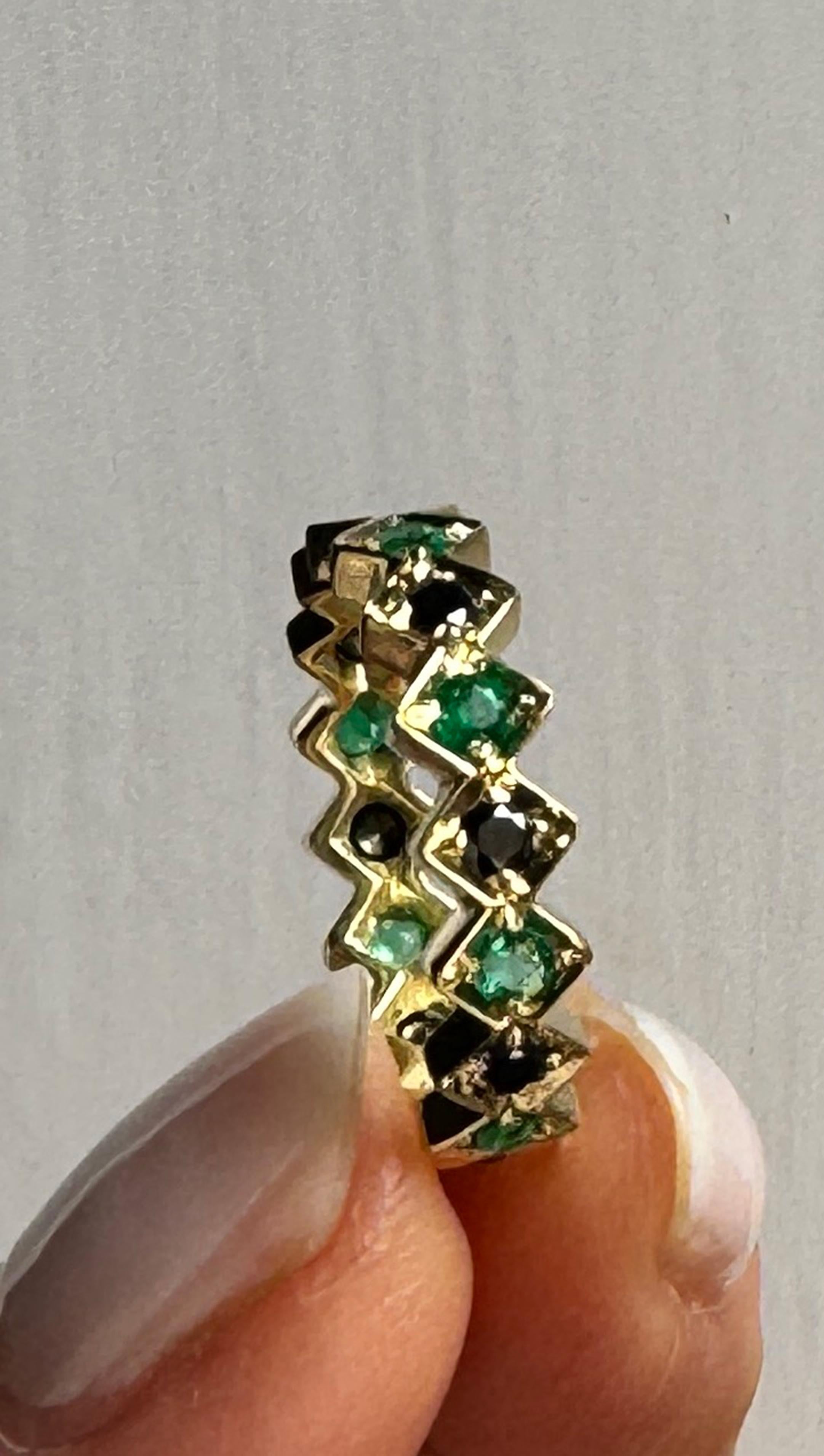 Rossella Ugolini 18k Yellow Gold 0.55 Carat Emeralds Black Diamonds Band Ring For Sale 6