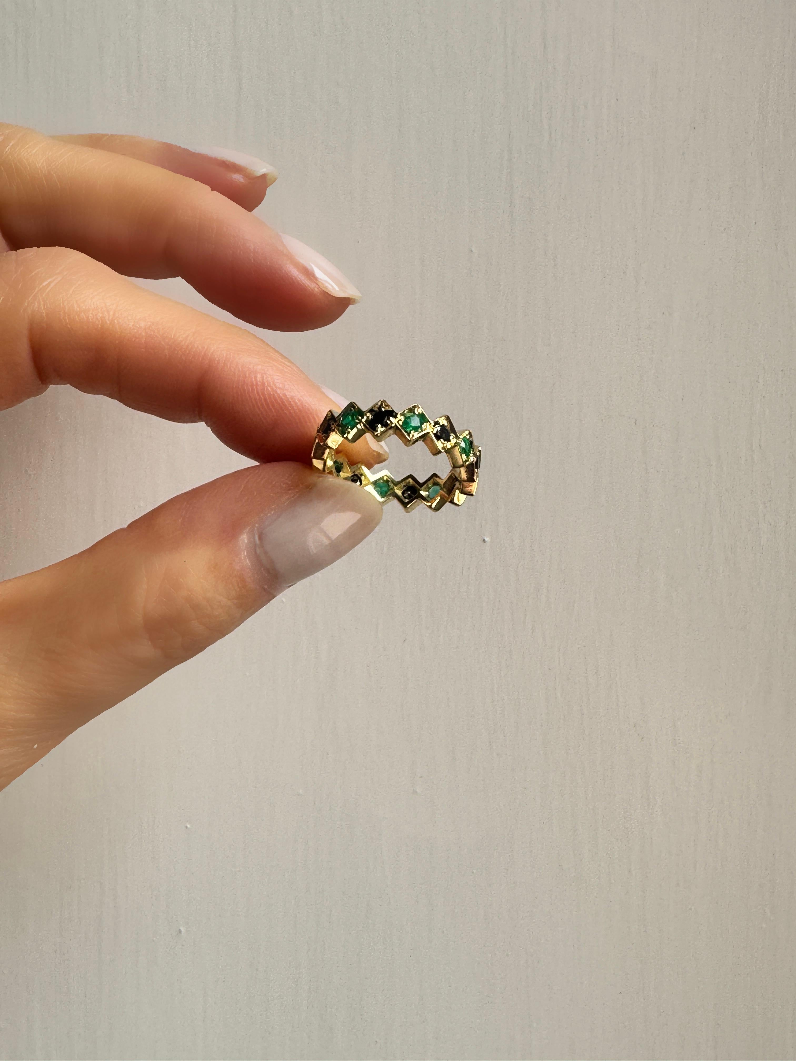 Modern Rossella Ugolini 18k Yellow Gold 0.55 Carat Emeralds Black Diamonds Band Ring For Sale
