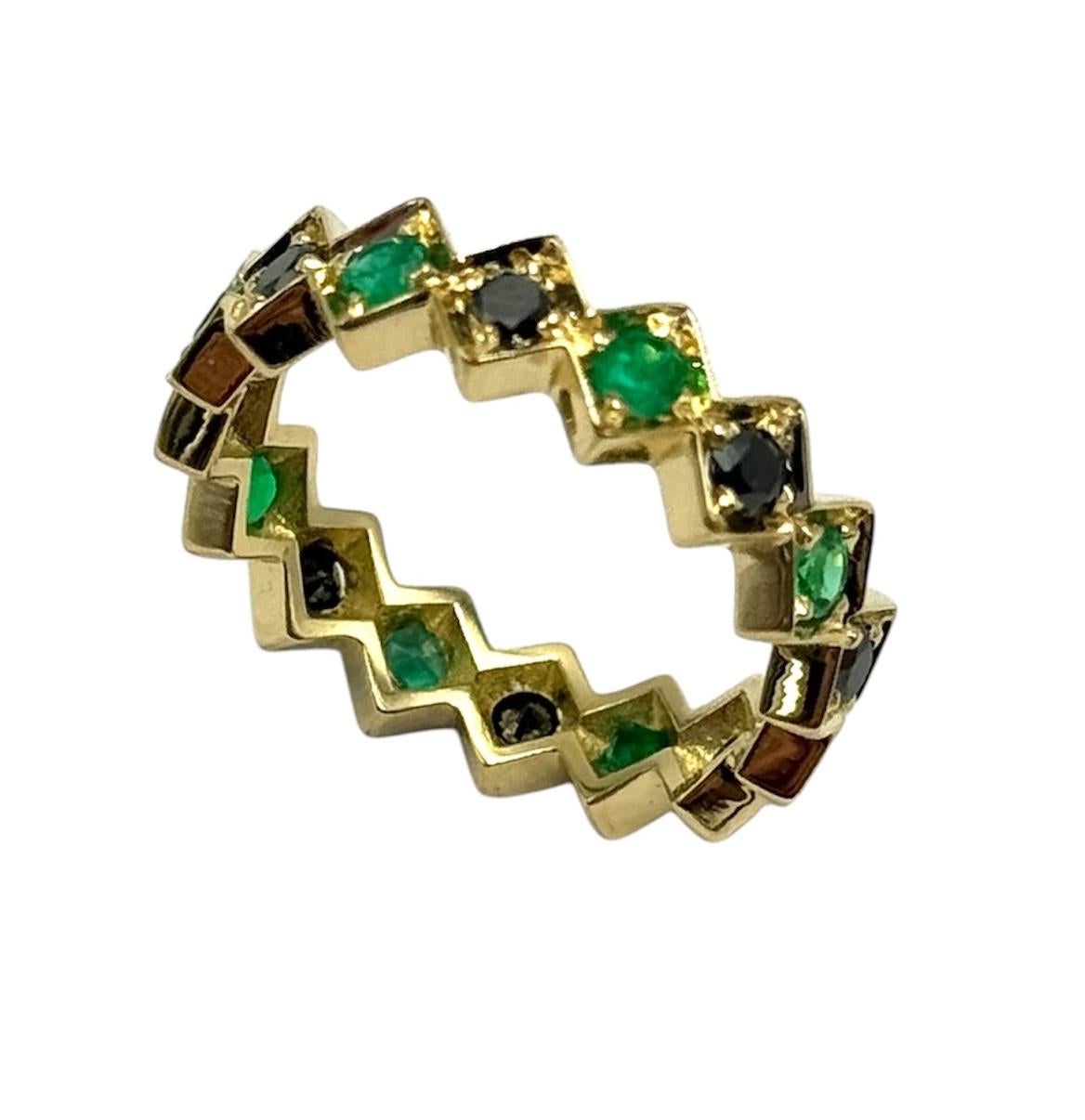 Rossella Ugolini 18k Yellow Gold 0.55 Carat Emeralds Black Diamonds Band Ring For Sale 2