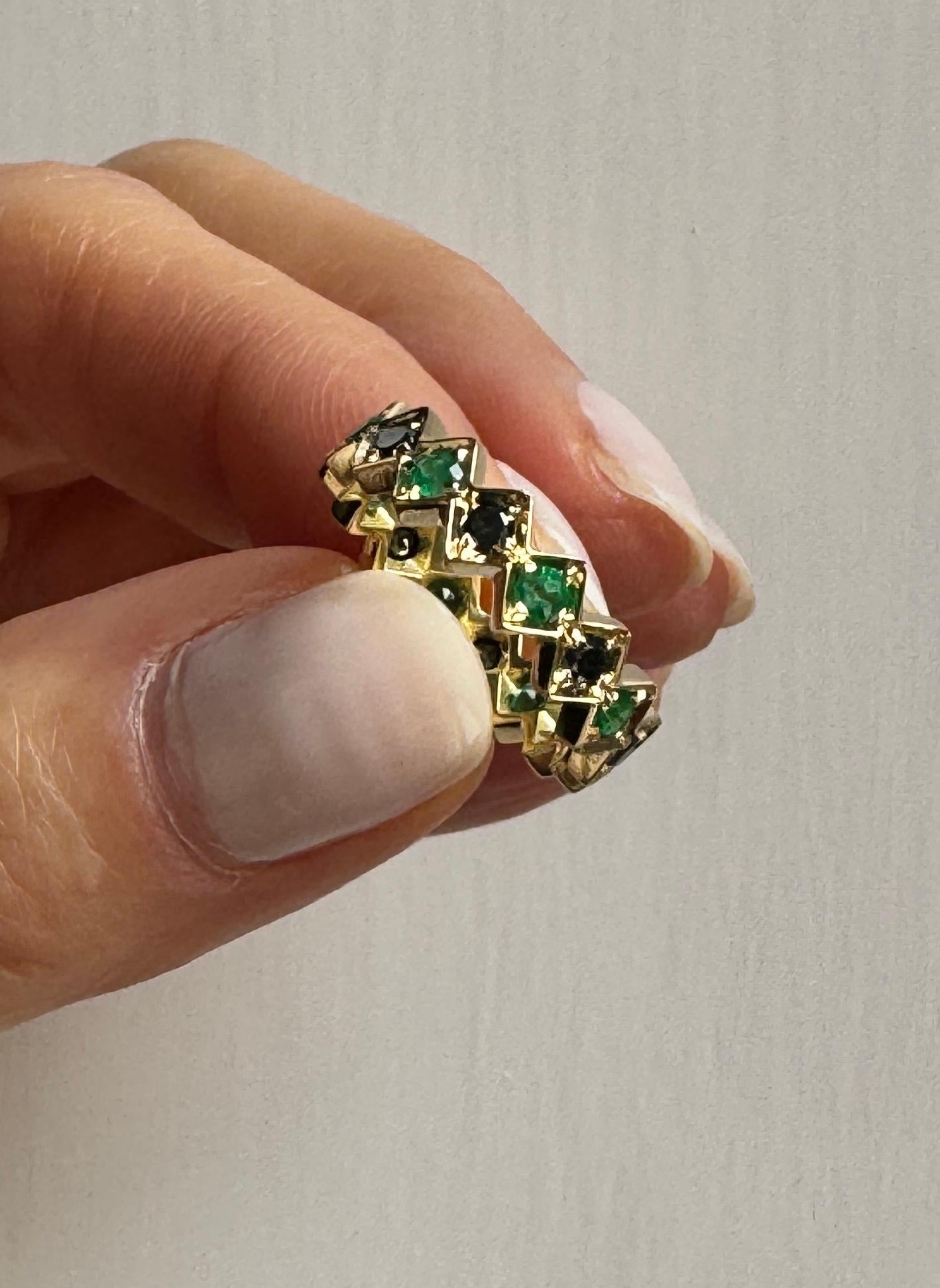 Rossella Ugolini 18k Yellow Gold 0.55 Carat Emeralds Black Diamonds Band Ring For Sale 3