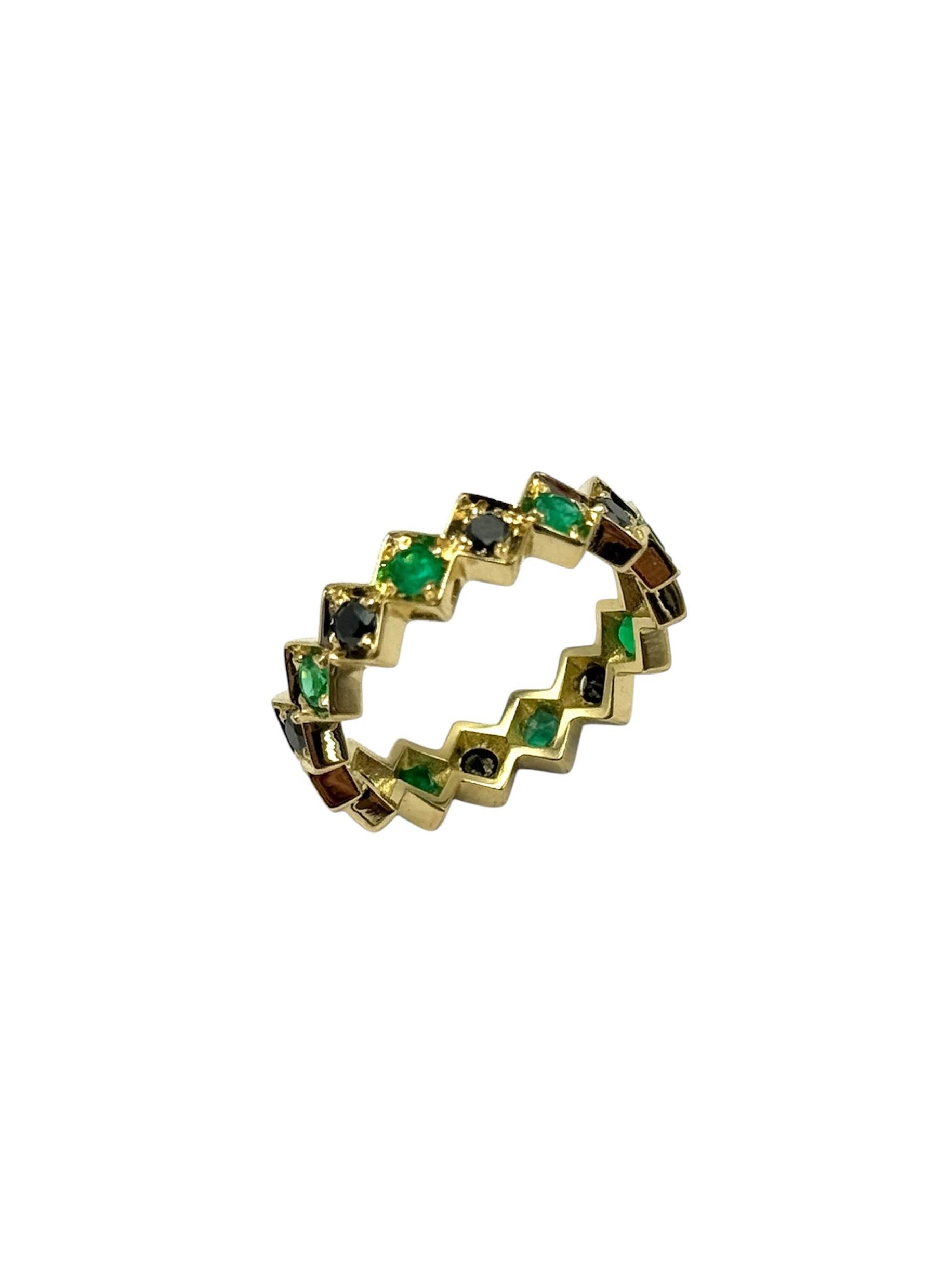 Women's or Men's Rossella Ugolini 18k Yellow Gold 1 Carat Emeralds 1.20 C Black Diamonds Man Ring For Sale