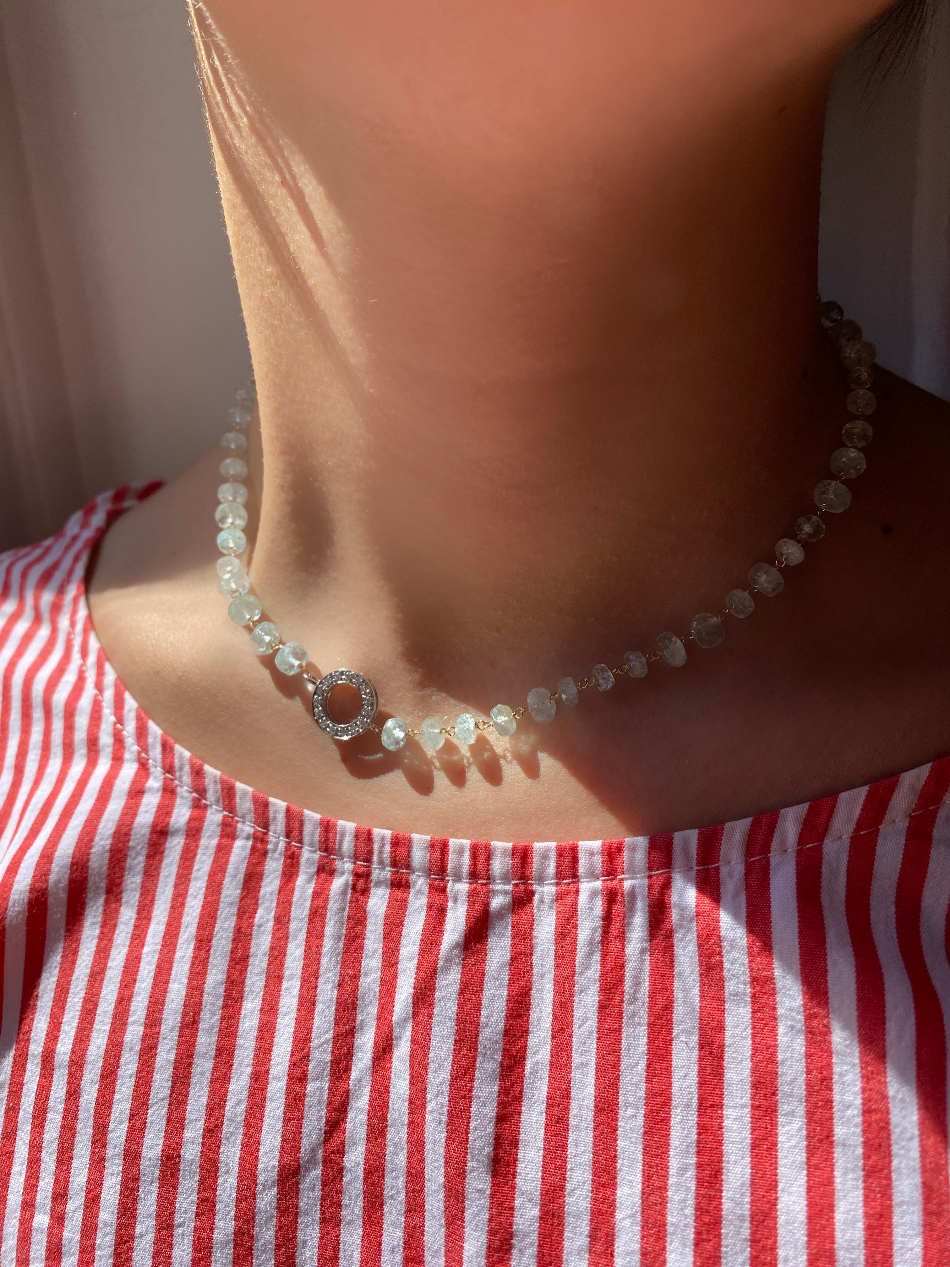 Rossella Ugolini 18K Gelbgold 25 Karat Aquamarin Weiß Diamanten Halsketten (Art déco) im Angebot