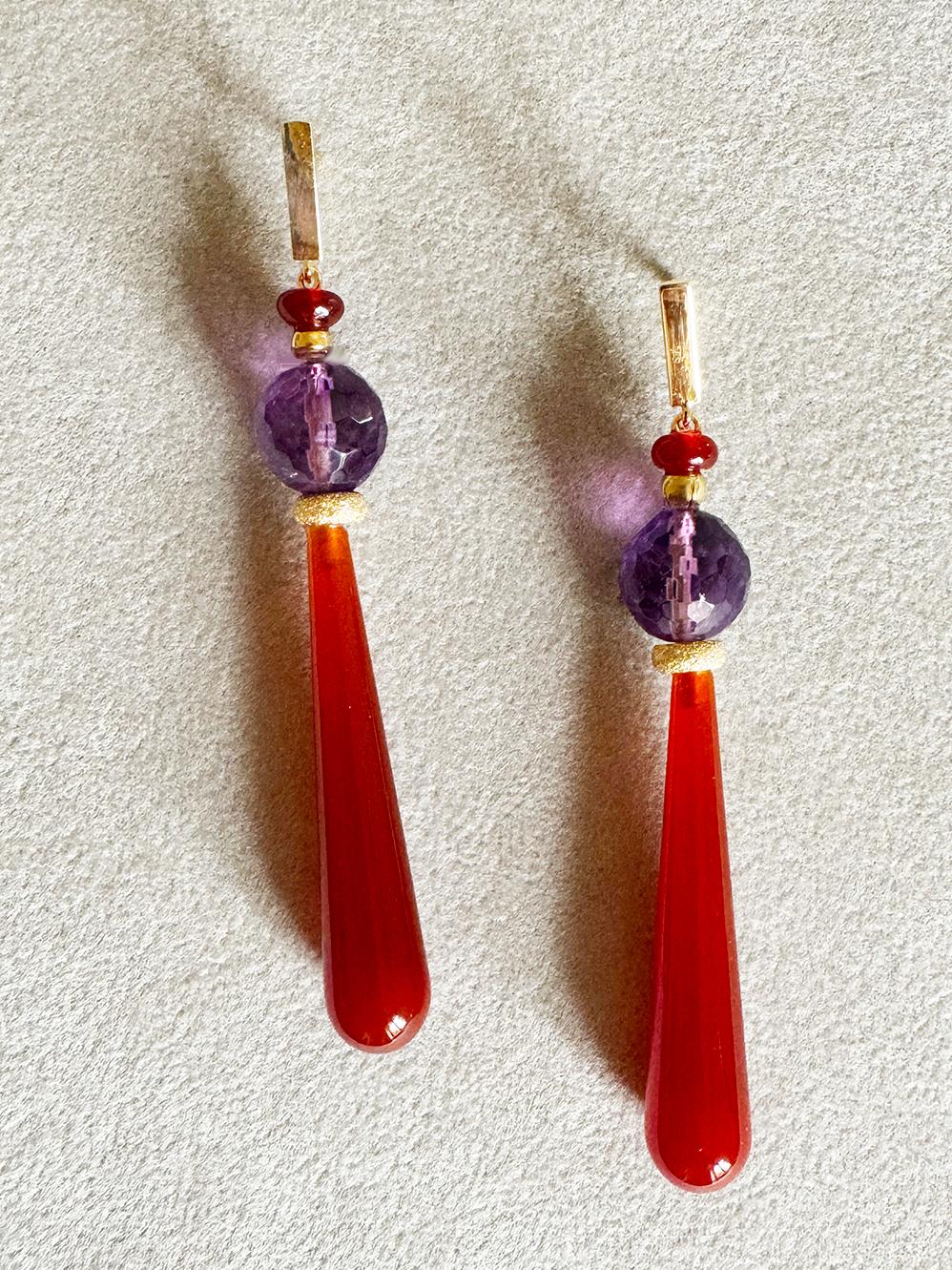 Rossella Ugolini 18K Yellow Gold Amethyst Carnelian Deco Style Drop Earrings For Sale 4