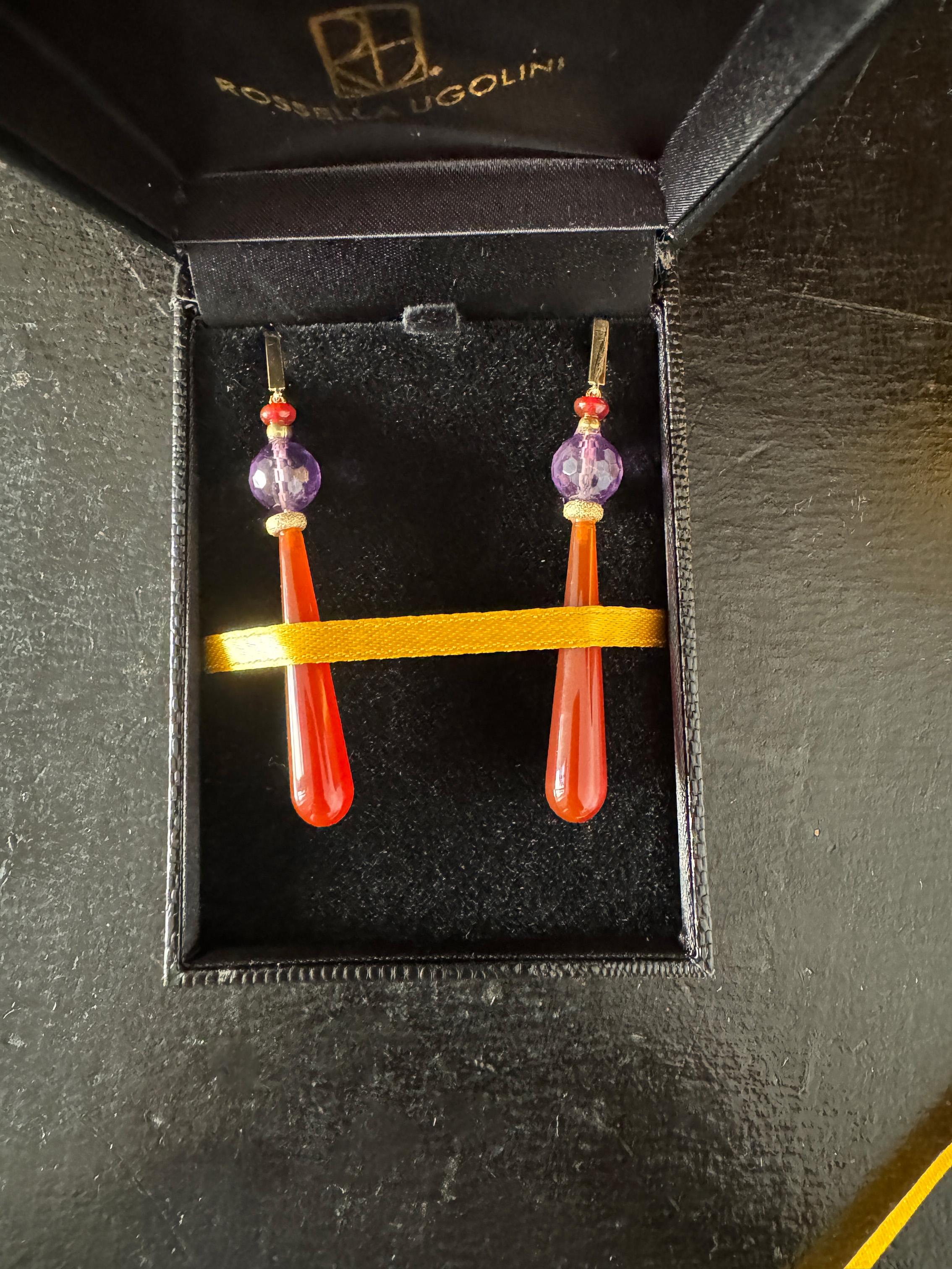 Rossella Ugolini 18K Yellow Gold Amethyst Carnelian Deco Style Drop Earrings For Sale 5