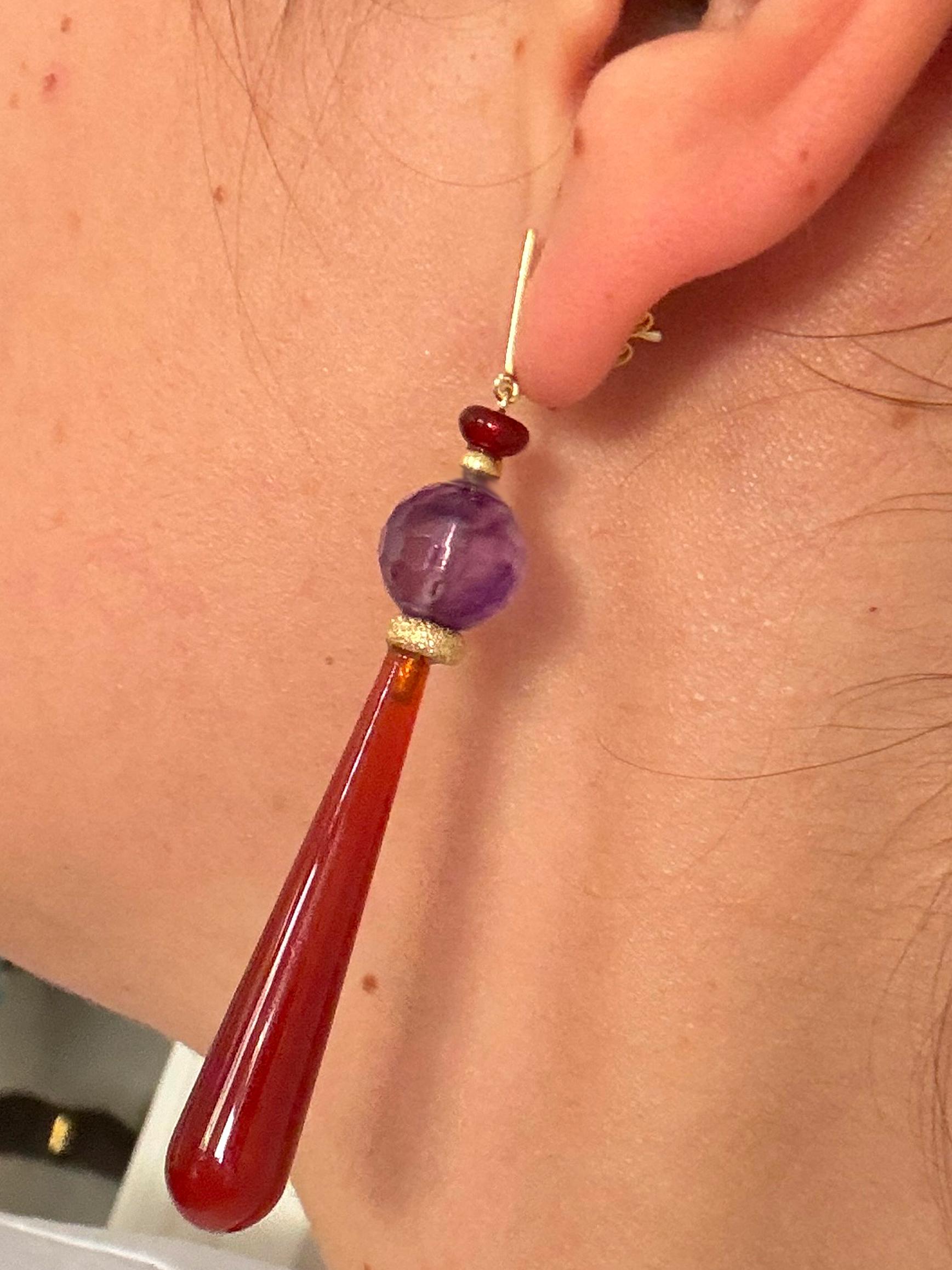 Art Deco Rossella Ugolini 18K Yellow Gold Amethyst Carnelian Deco Style Drop Earrings For Sale