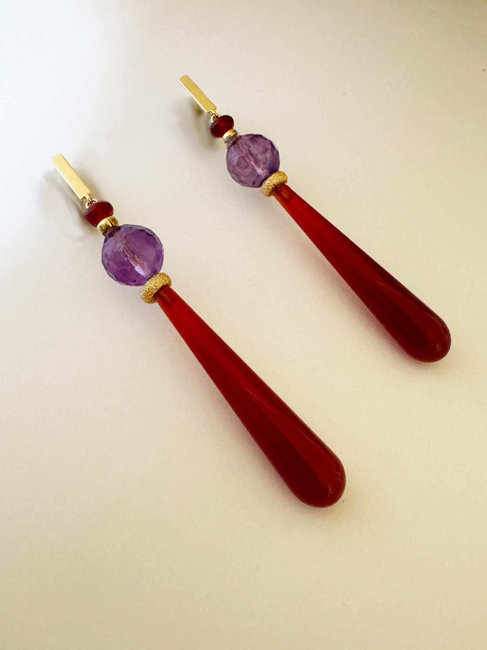Briolette Cut Rossella Ugolini 18K Yellow Gold Amethyst Carnelian Deco Style Drop Earrings For Sale