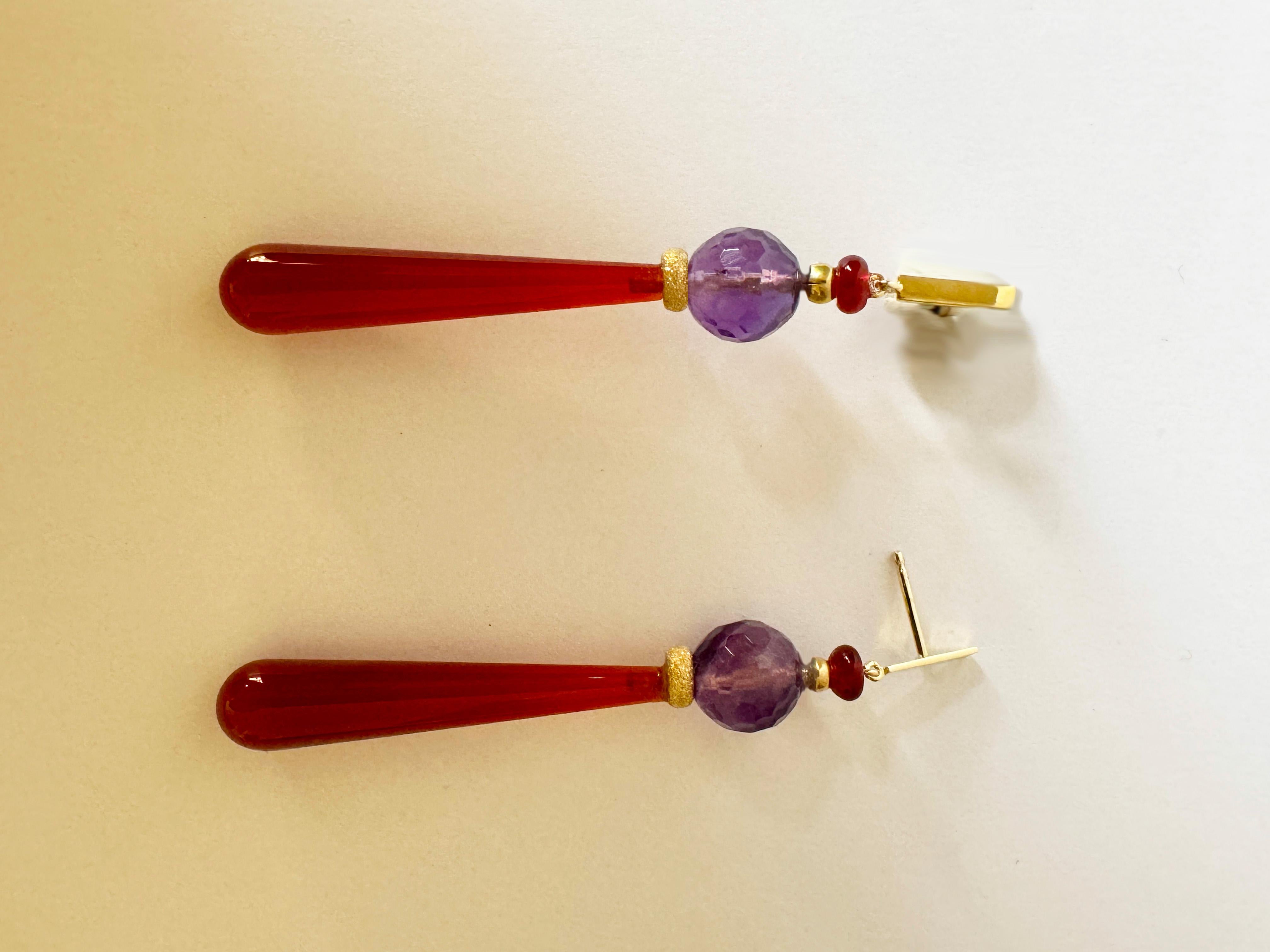 Rossella Ugolini 18K Yellow Gold Amethyst Carnelian Deco Style Drop Earrings In New Condition For Sale In Rome, IT