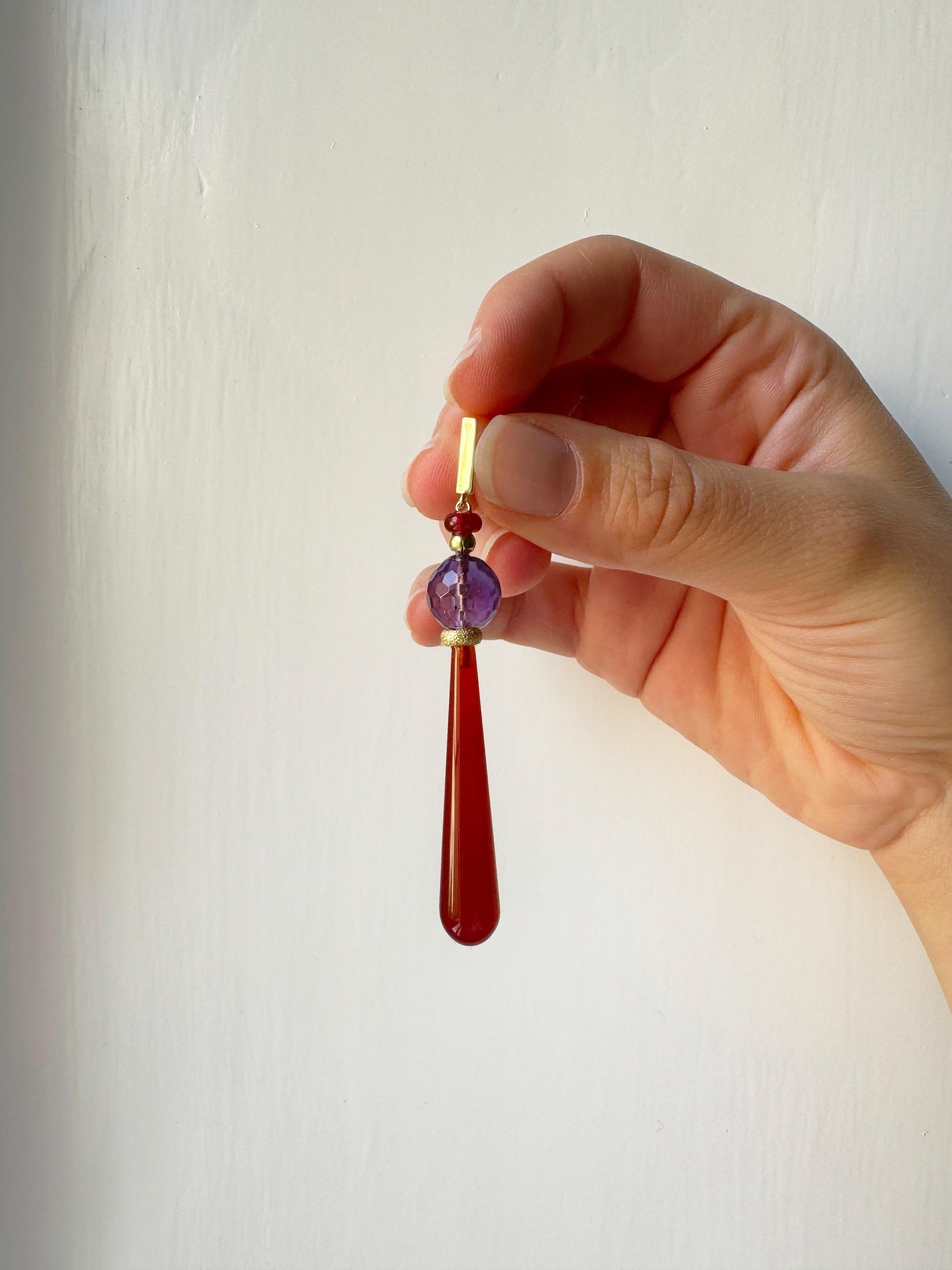 Women's Rossella Ugolini 18K Yellow Gold Amethyst Carnelian Deco Style Drop Earrings For Sale