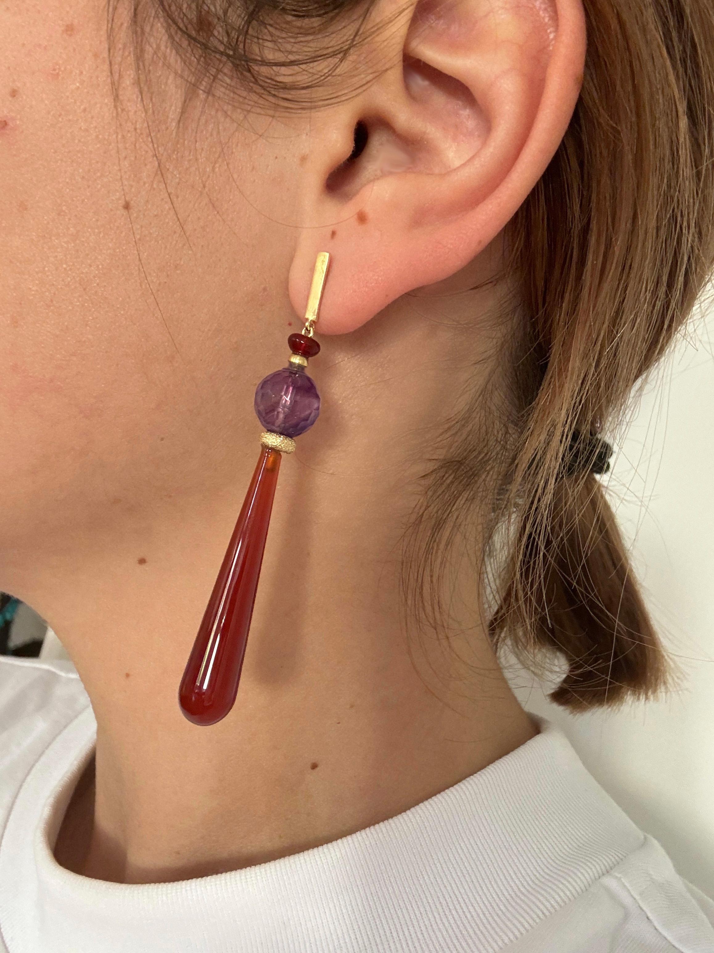 Rossella Ugolini 18K Yellow Gold Amethyst Carnelian Deco Style Drop Earrings For Sale 1