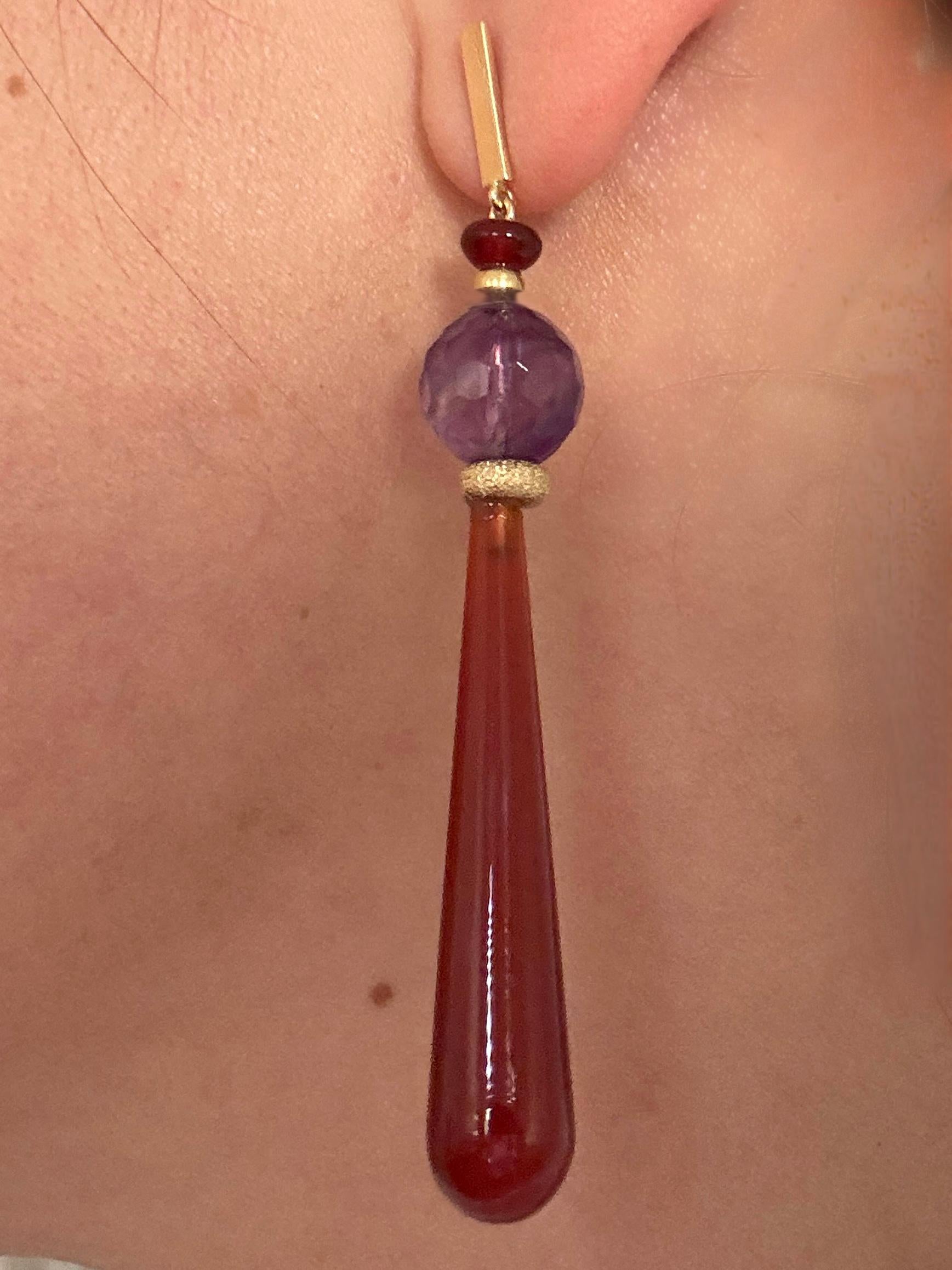 Rossella Ugolini 18K Yellow Gold Amethyst Carnelian Deco Style Drop Earrings For Sale 2