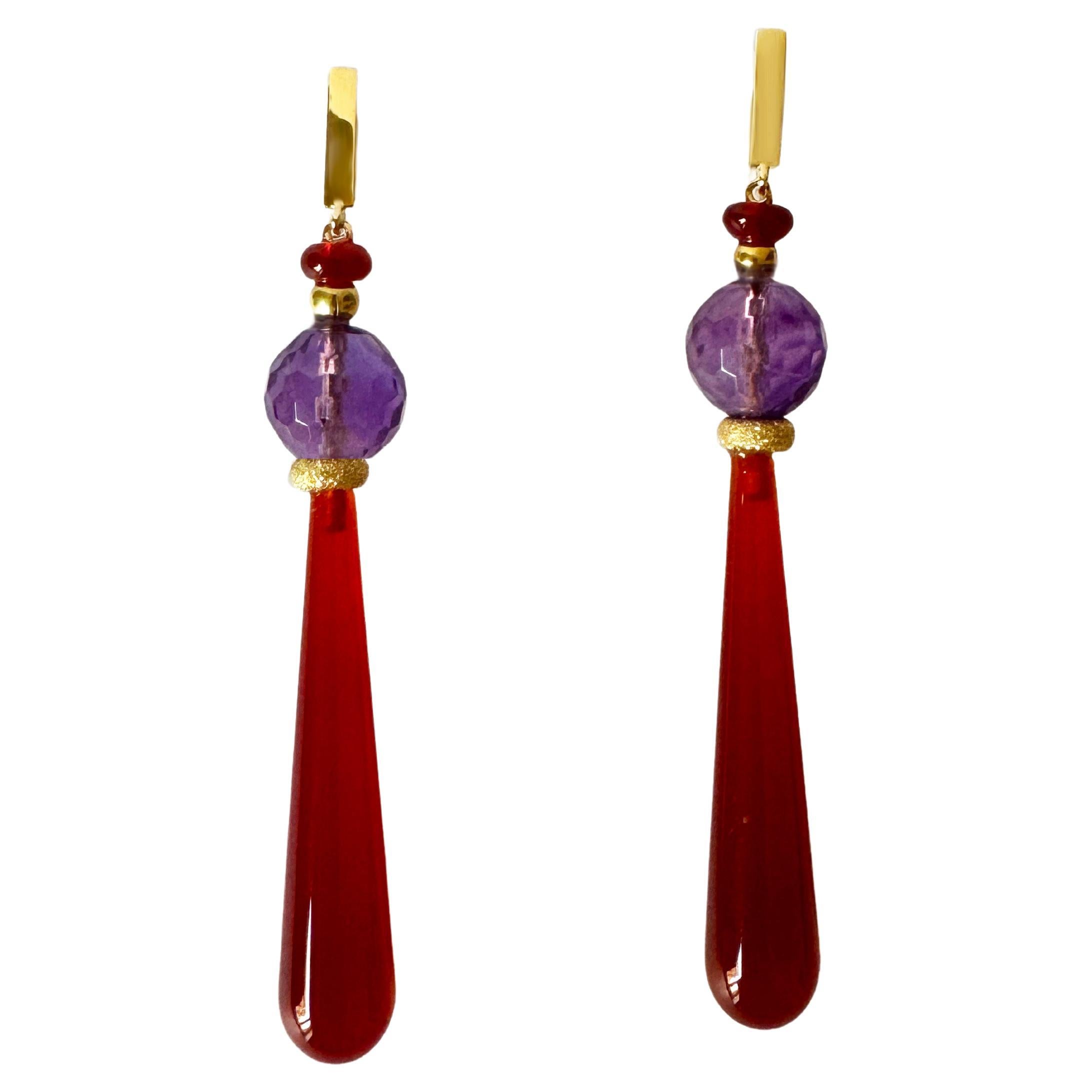 Pendientes de Gota de Oro Amarillo de 18 K Rossella Ugolini con Amatista y Cornalina Estilo Deco