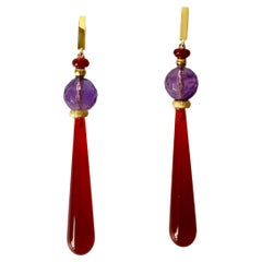 Pendientes de Gota de Oro Amarillo de 18 K Rossella Ugolini con Amatista y Cornalina Estilo Deco