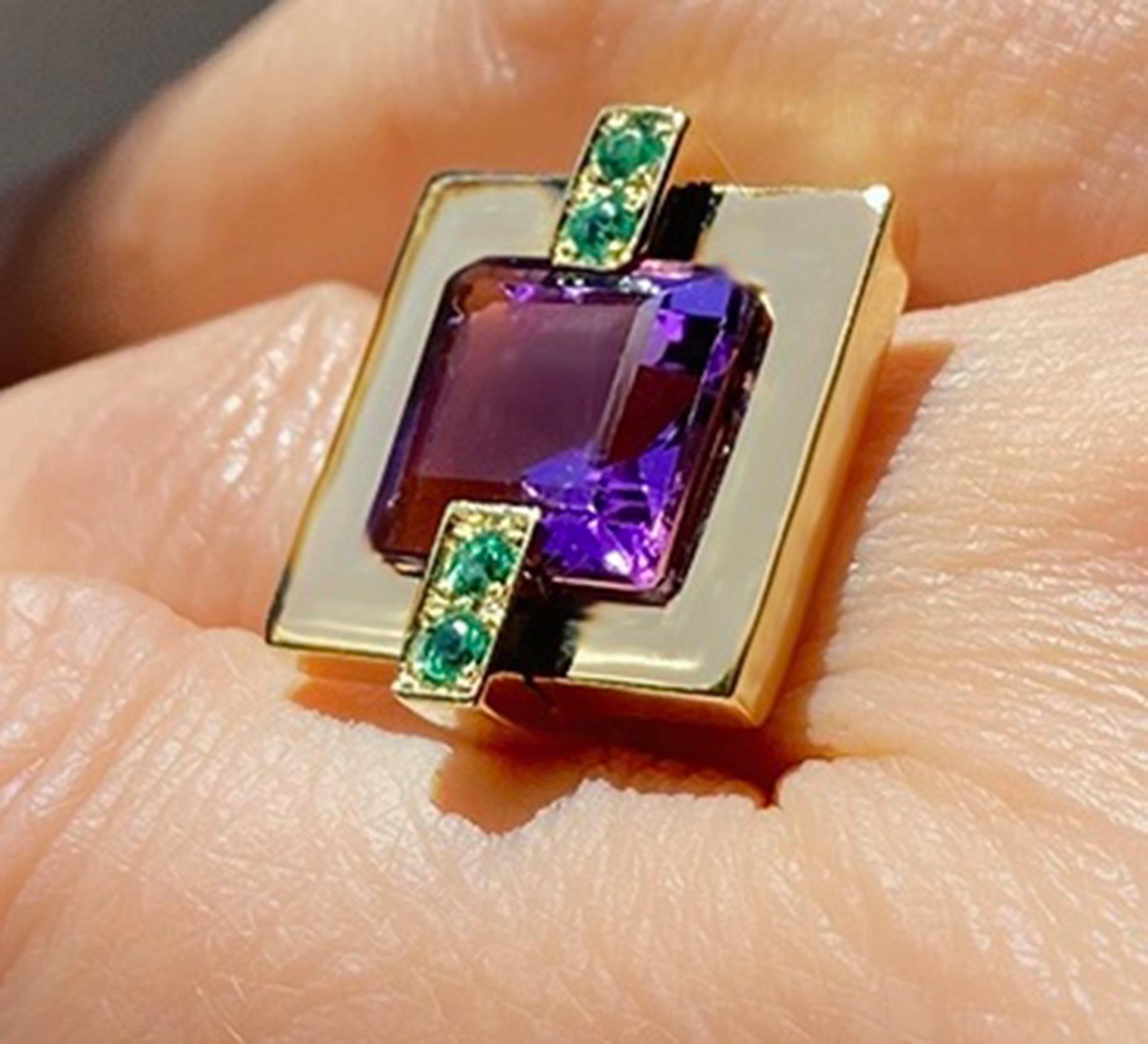 Rossella Ugolini 18k Yellow Gold Amethyst Emeralds Deco Style Cocktail Ring For Sale 5