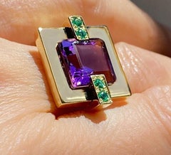 Rossella Ugolini 18k Yellow Gold Amethyst Emeralds Deco Style Cocktail Ring