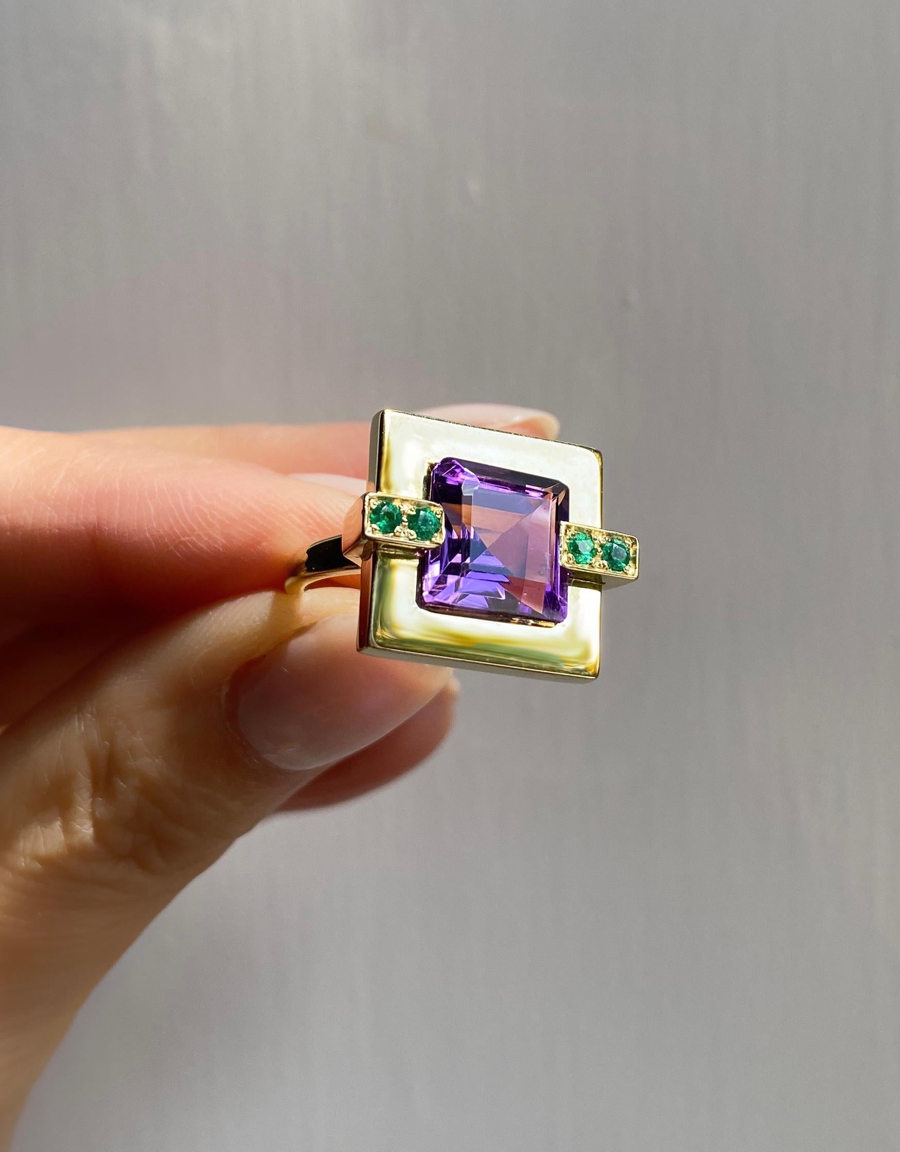 Modern Rossella Ugolini 18k Yellow Gold Amethyst Emeralds Deco Style Cocktail Ring For Sale