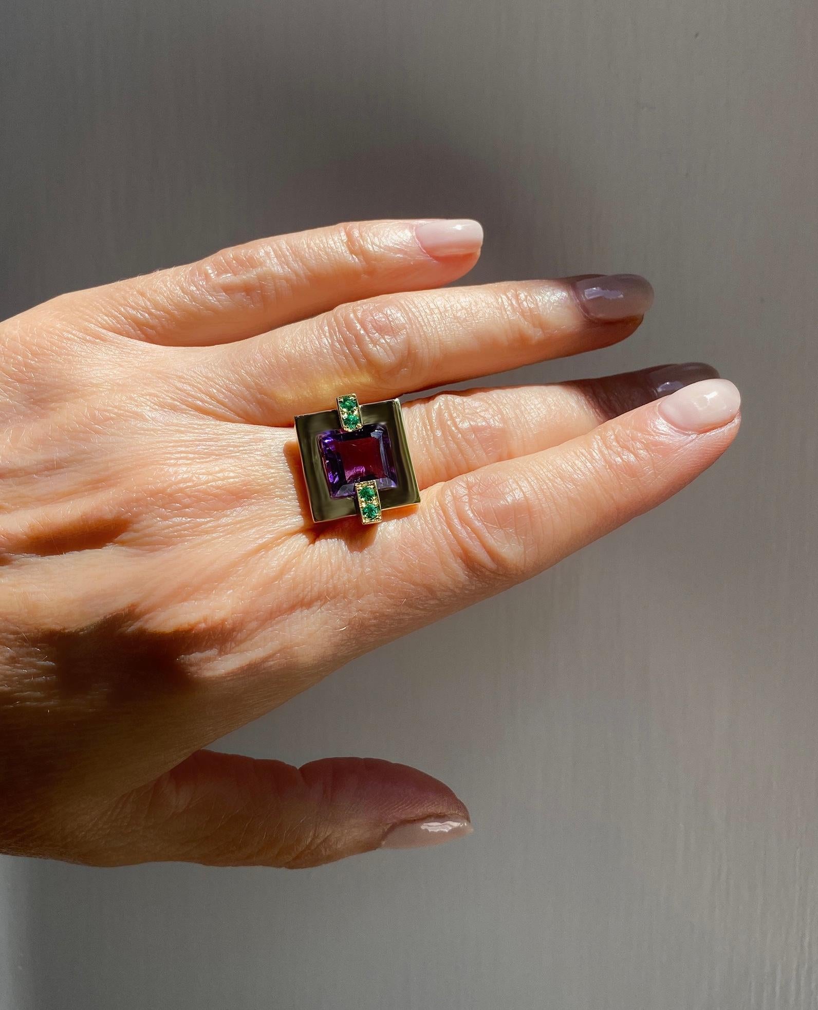 Rossella Ugolini 18k Yellow Gold Amethyst Emeralds Deco Style Cocktail Ring For Sale 3