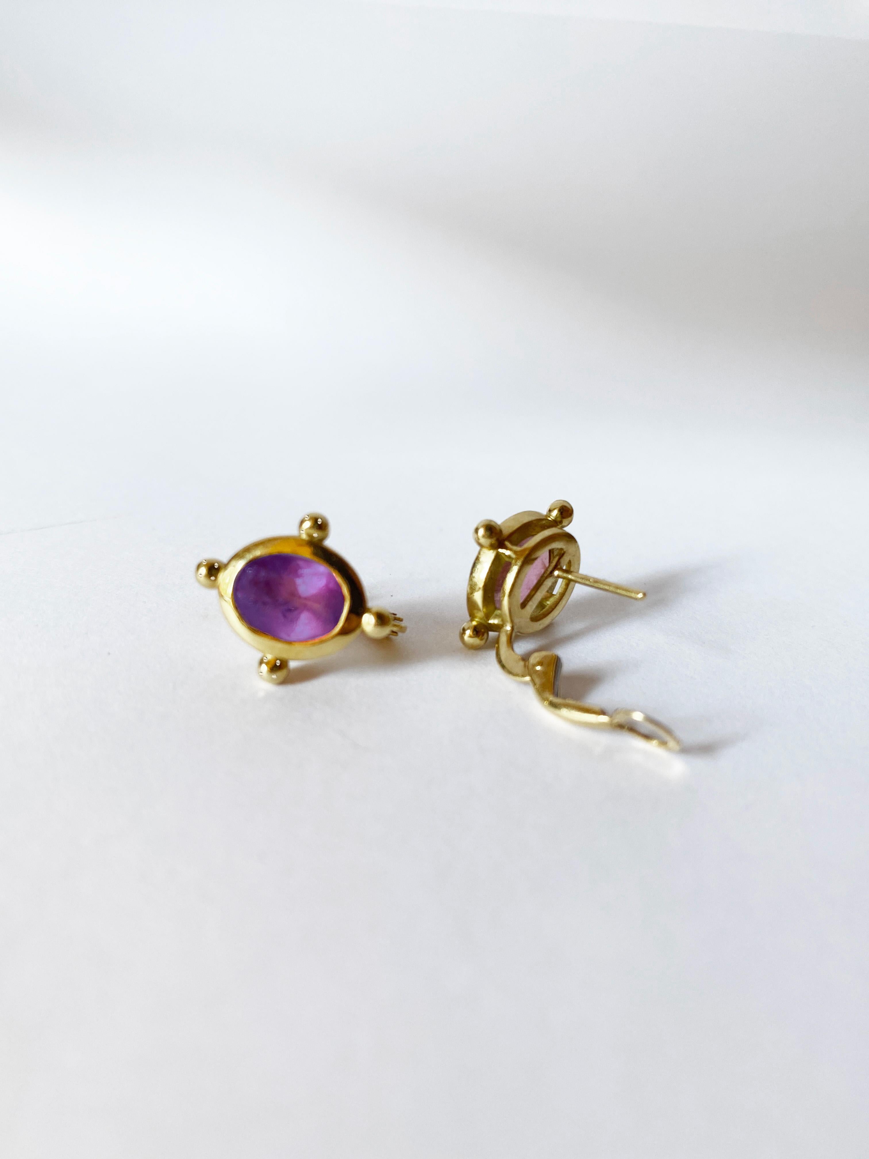 Oval Cut Rossella Ugolini 18k Yellow Gold Amethyst Stud Lever-Back Hammered Earrings For Sale