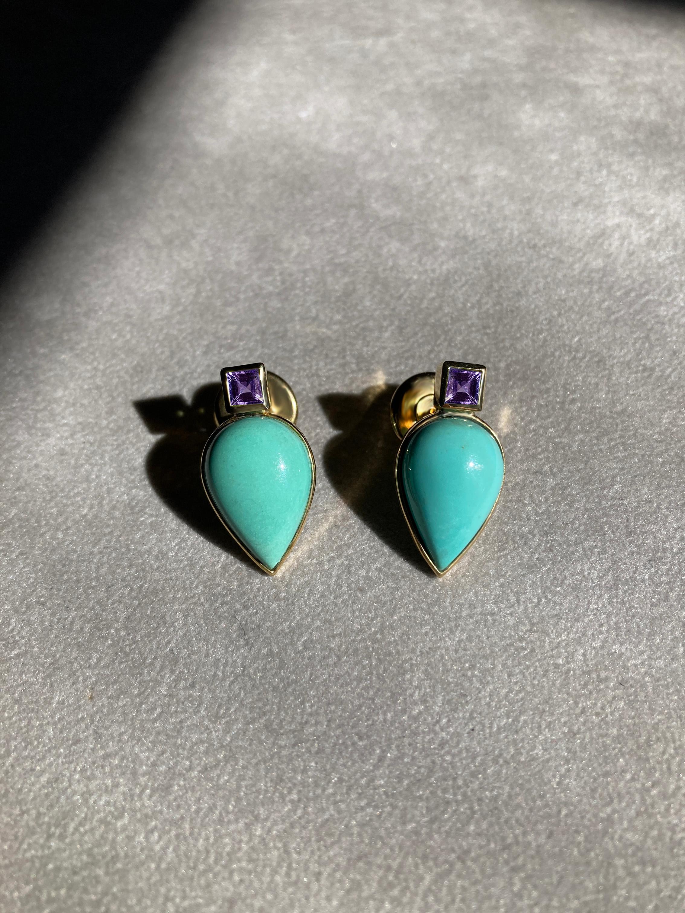 Artisan Rossella Ugolini 18K Yellow Gold Amethyst Turquoise Colored Earrings  For Sale