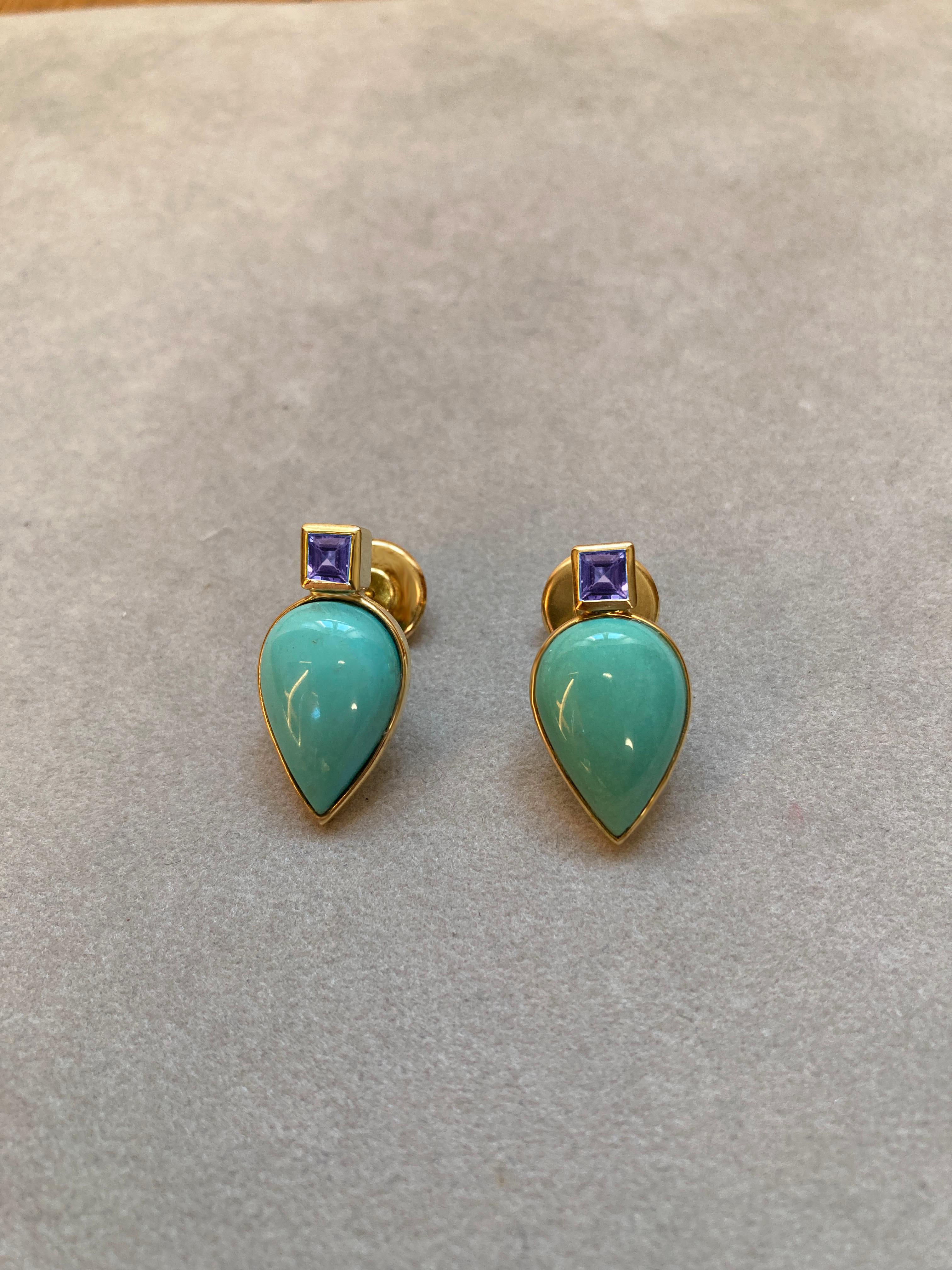 Rossella Ugolini 18K Yellow Gold Amethyst Turquoise Colored Earrings  In New Condition For Sale In Rome, IT