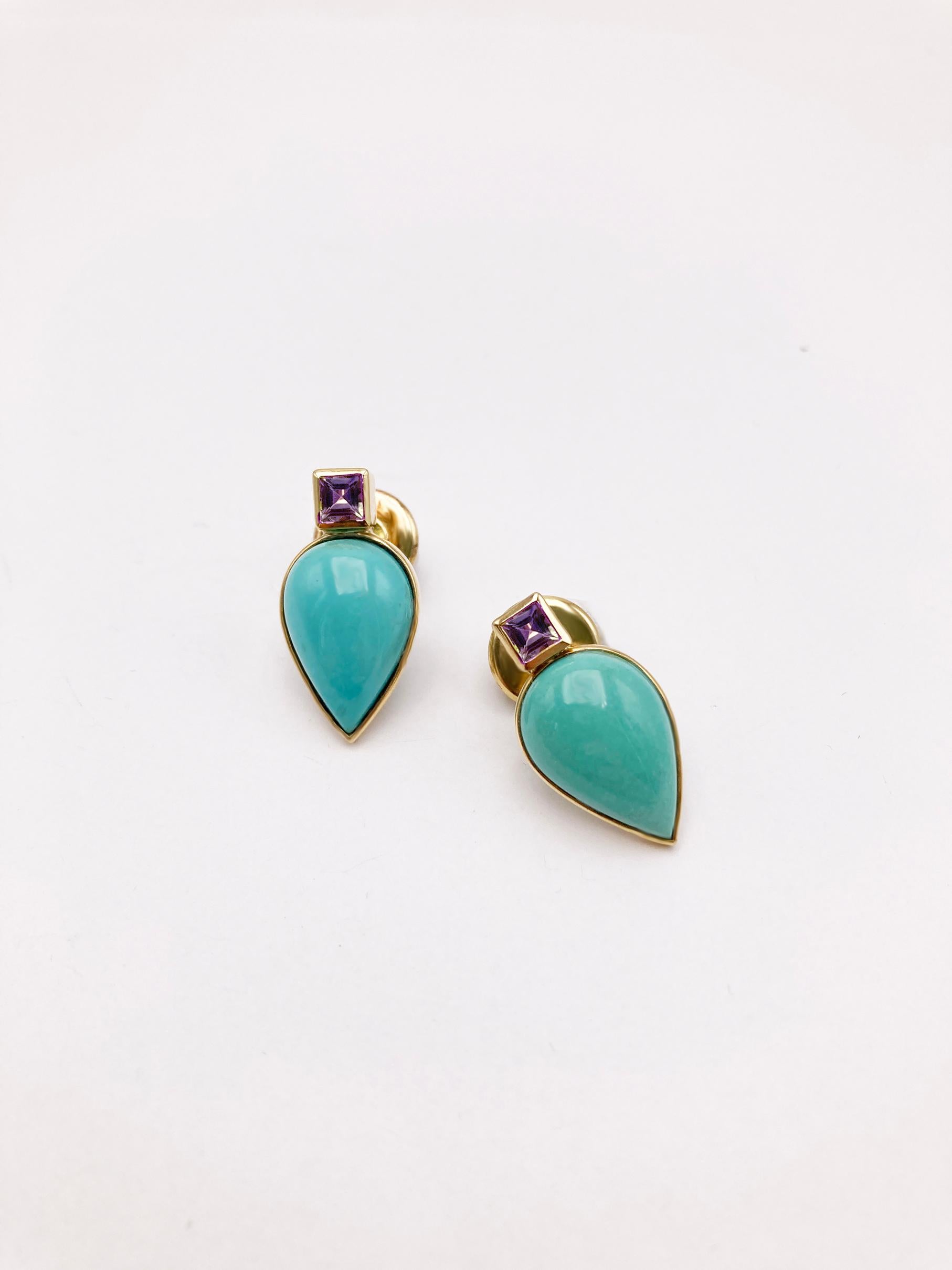 Rossella Ugolini 18K Yellow Gold Amethyst Turquoise Colored Earrings  For Sale 1