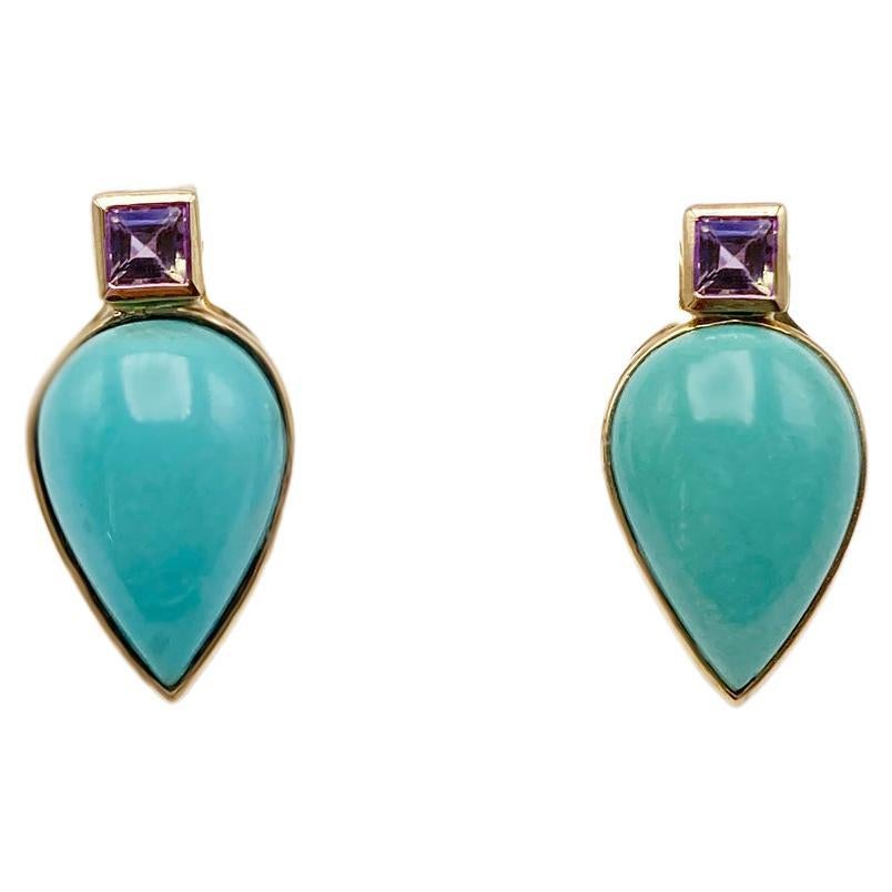 Rossella Ugolini 18K Yellow Gold Amethyst Turquoise Colored Earrings  For Sale