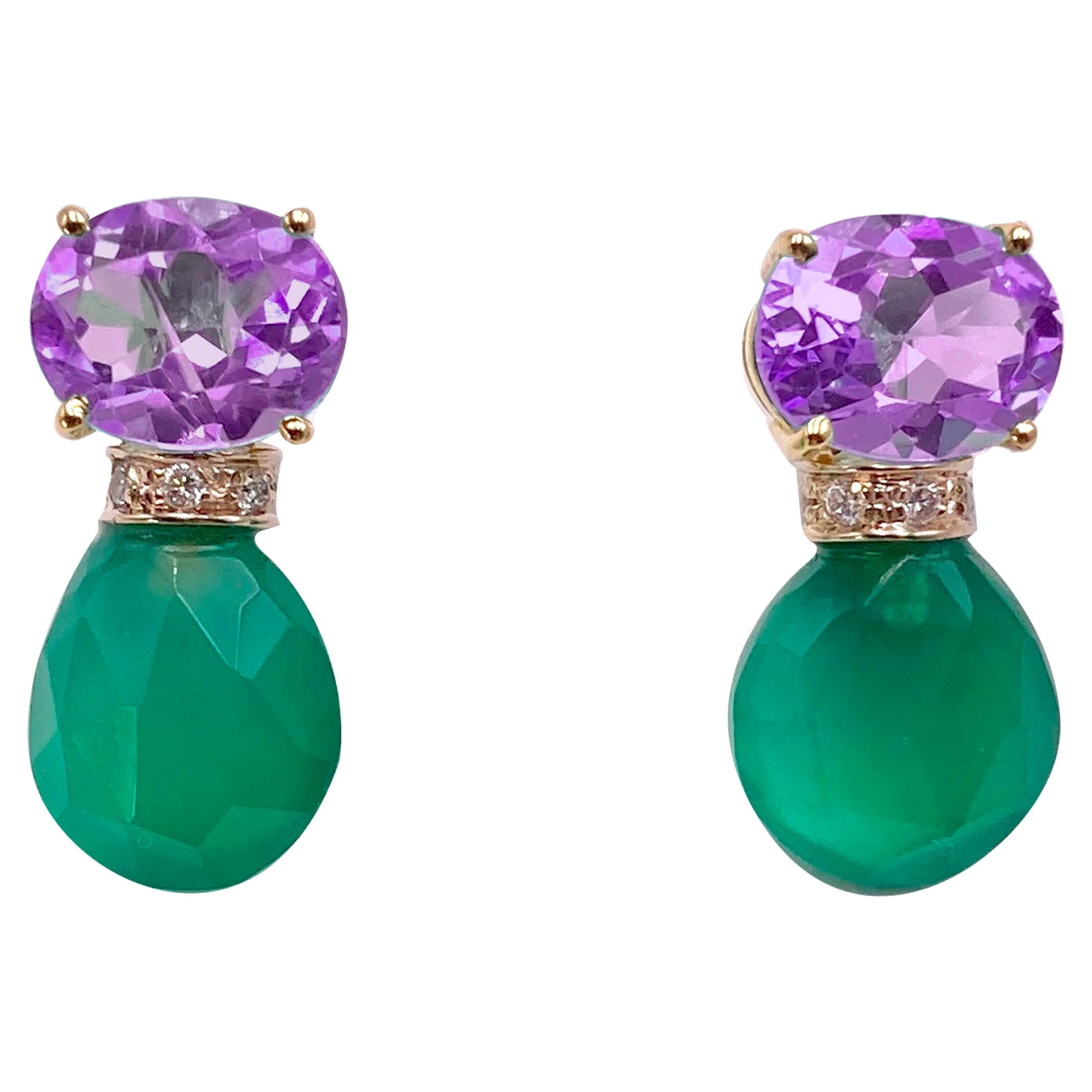Rossella Ugolini 18K Yellow Gold Amethyst White Diamonds Agate Stud Earrings For Sale
