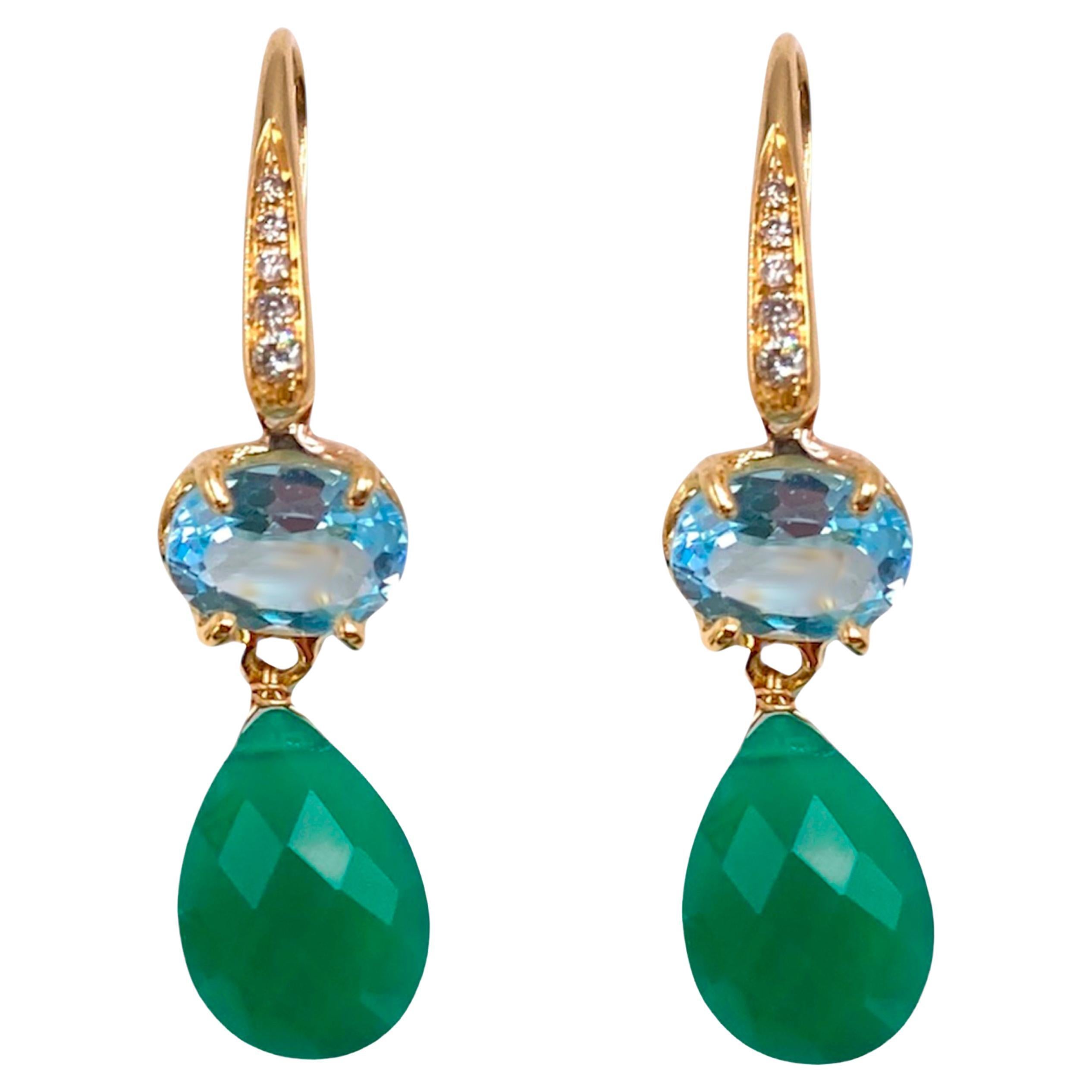 Rossella Ugolini 18k Yellow Gold Aquamarine Diamonds Green Agate Drop Earrings