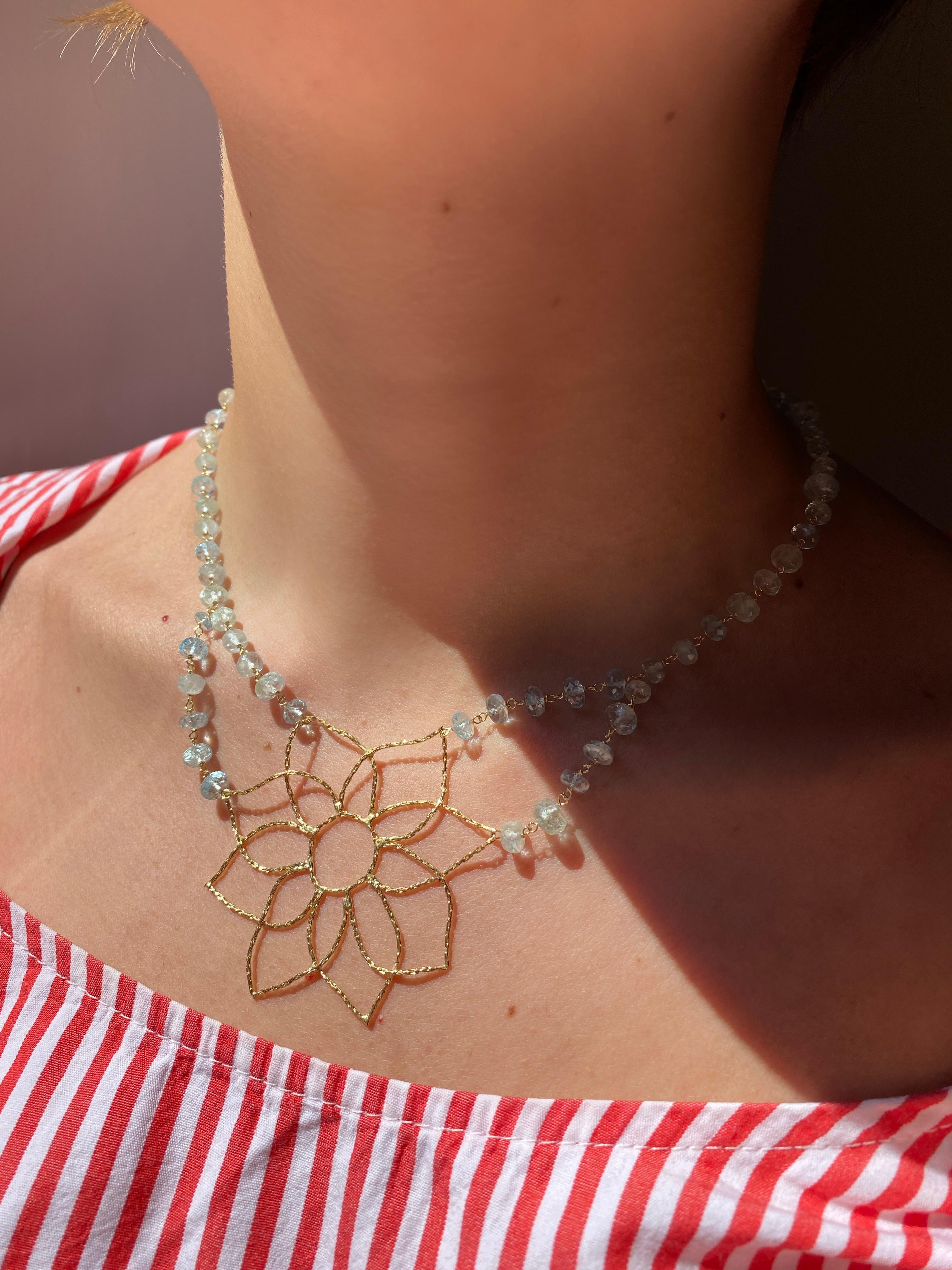 Rossella Ugolini 18k Yellow Gold Aquamarine Mandala Flower Handcrafted Necklaces For Sale 4