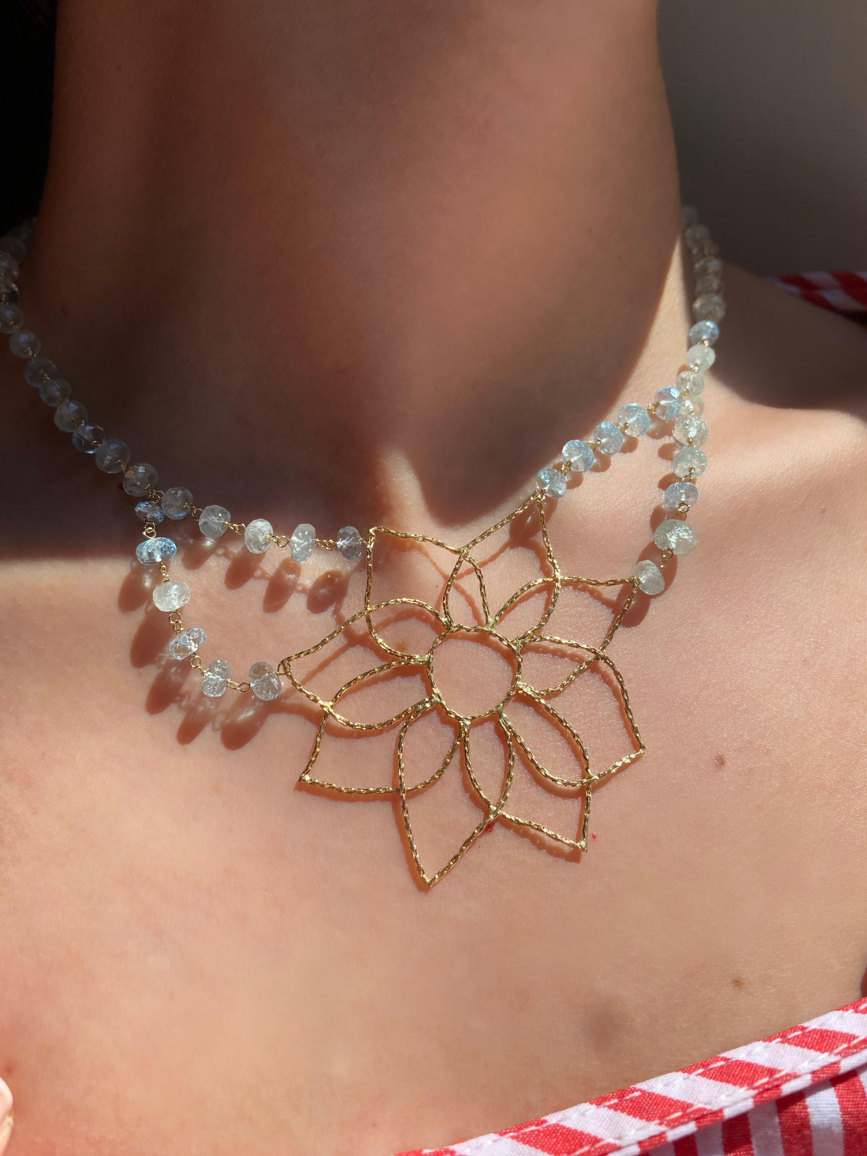 Rossella Ugolini 18k Yellow Gold Aquamarine Mandala Flower Handcrafted Necklaces For Sale 5